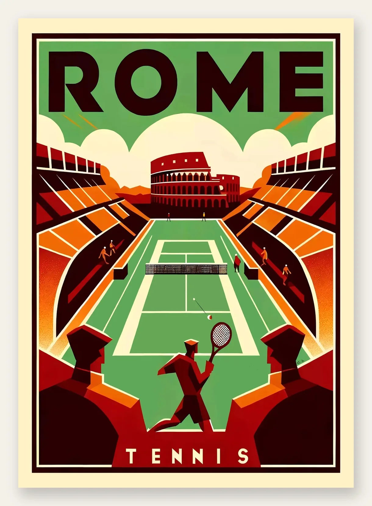Joueur de tennis et court vert devant le Colisee, Rome
