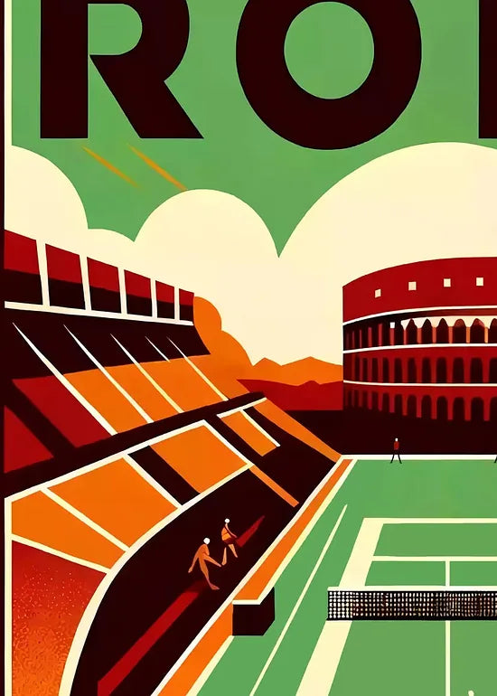 Gros plan sur joueur de tennis et court vert devant le Colisee, Rome