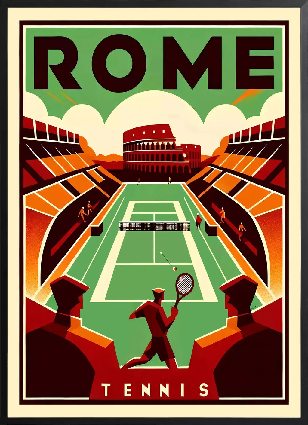 Encadrement noir mat autour de joueur de tennis et court vert devant le Colisee, Rome