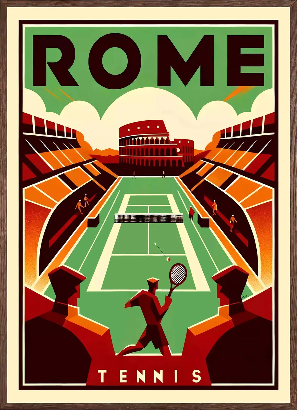 Cadre chene clair entourant joueur de tennis et court vert devant le Colisee, Rome