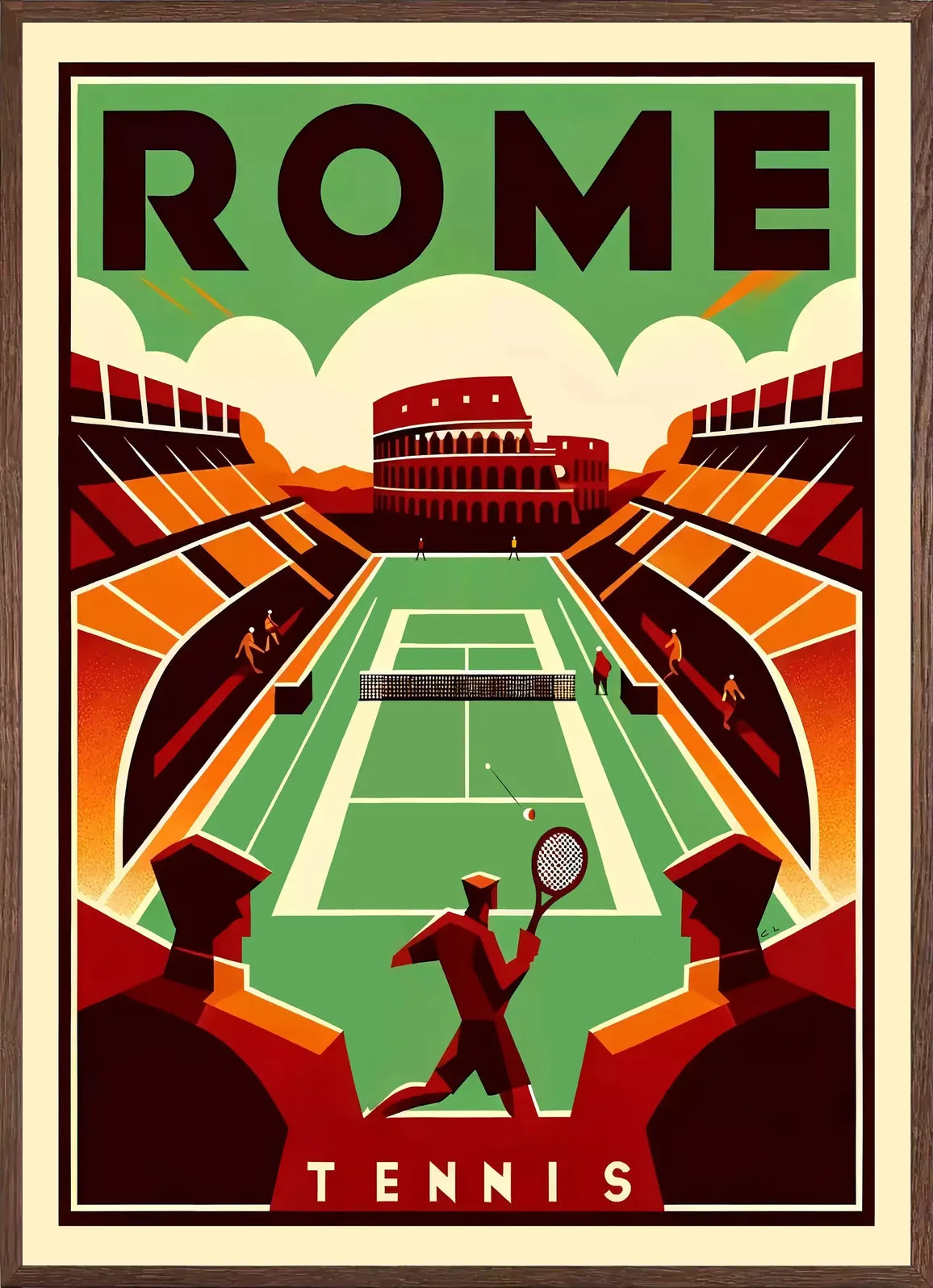 Cadre chene clair entourant joueur de tennis et court vert devant le Colisee, Rome