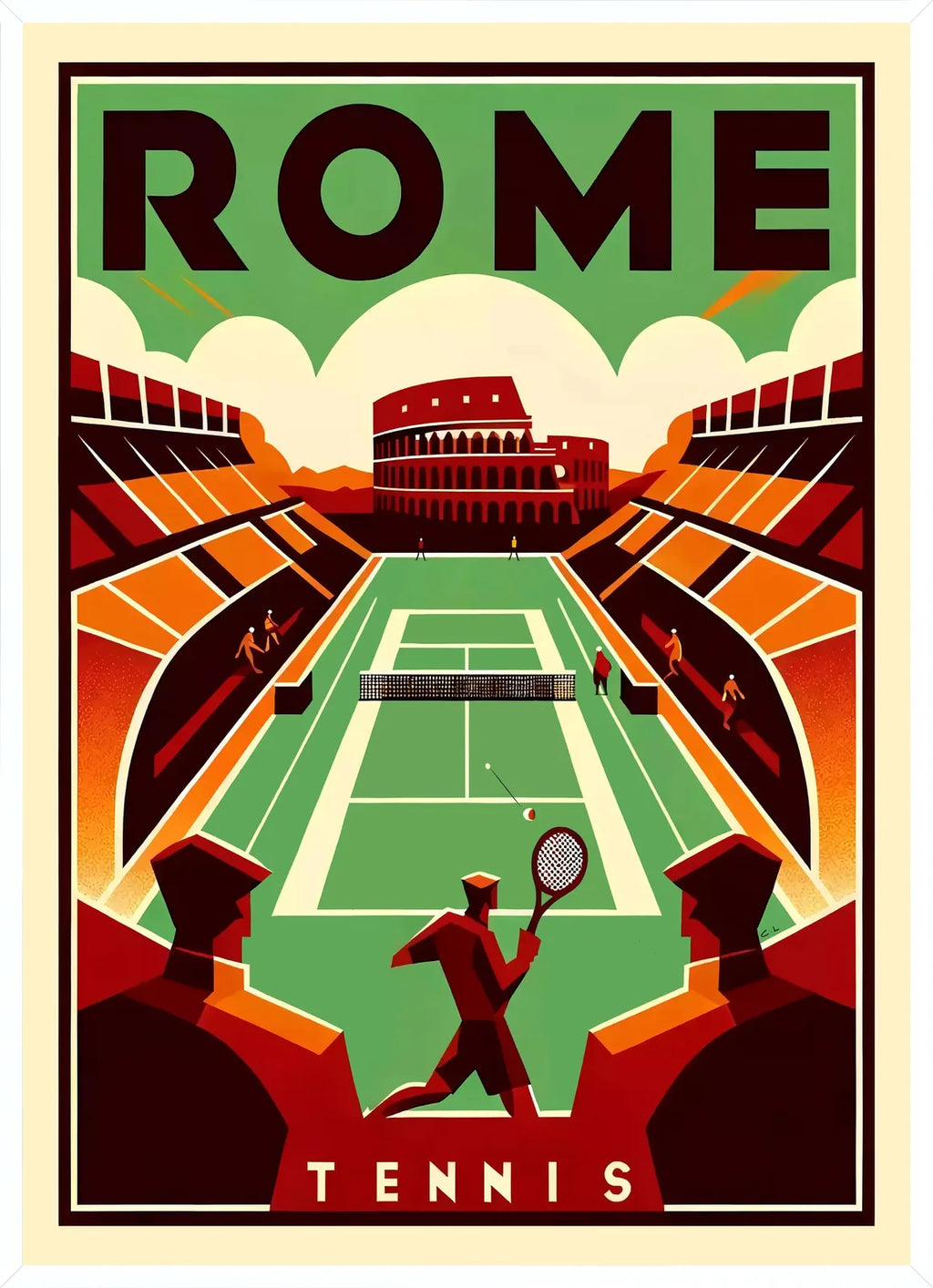 Cadre blanc epure presentant joueur de tennis et court vert devant le Colisee, Rome