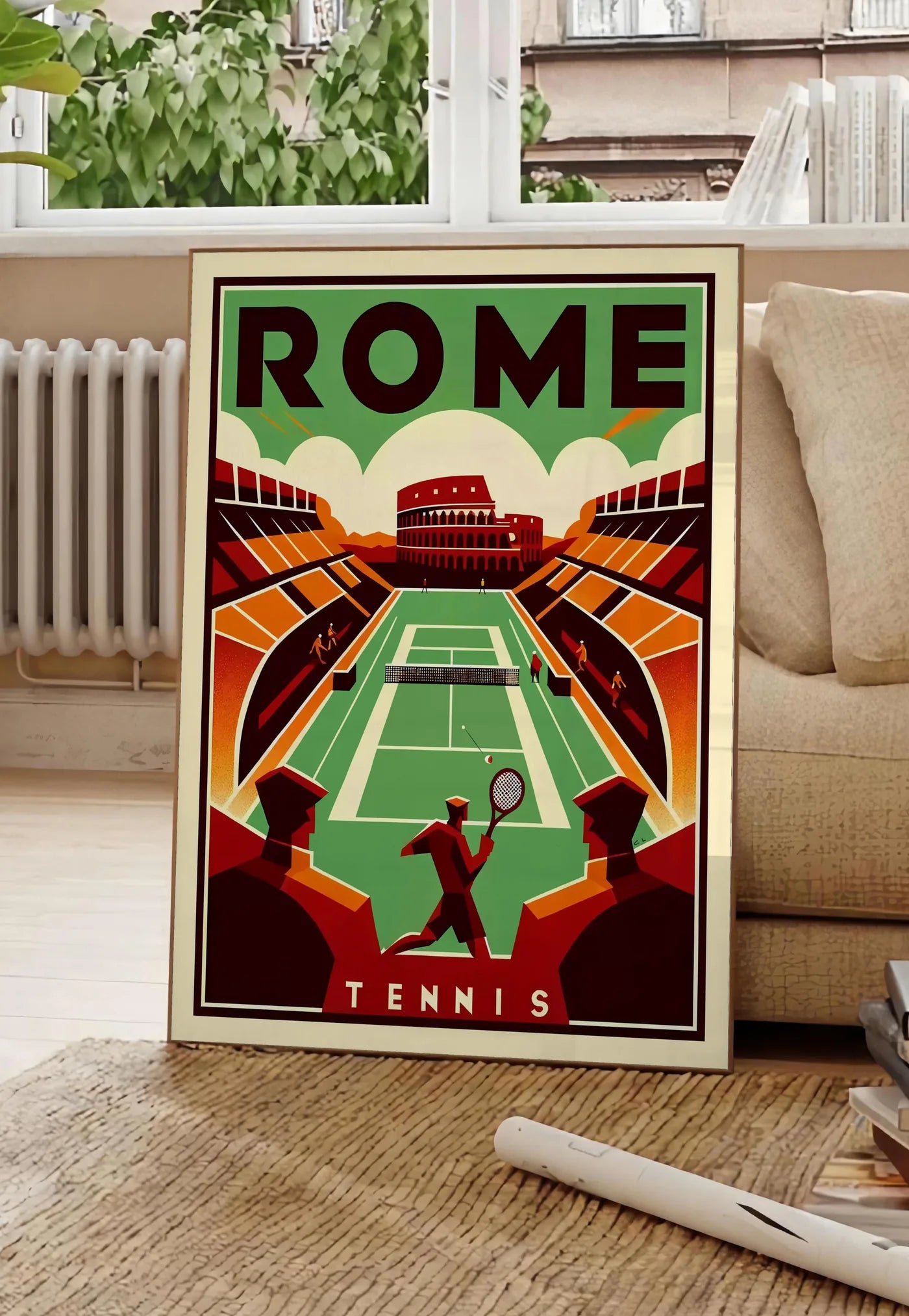 Poster joueur de tennis et court vert devant le Colisee, posee au sol dans un salon parisien, devant une grande fenetre donnant sur un immeuble haussmannien, entre un ficus et un canape creme