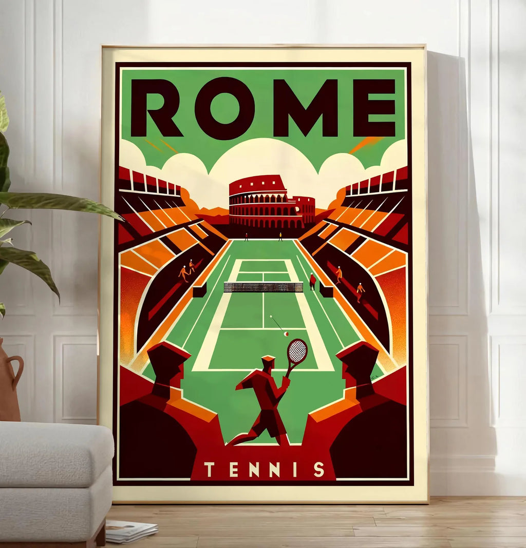 Reproduction joueur de tennis et court vert devant le Colisee, posee au sol dans un salon minimaliste clair, a cote d'un canape beige et d'une plante verte, sur un parquet clair