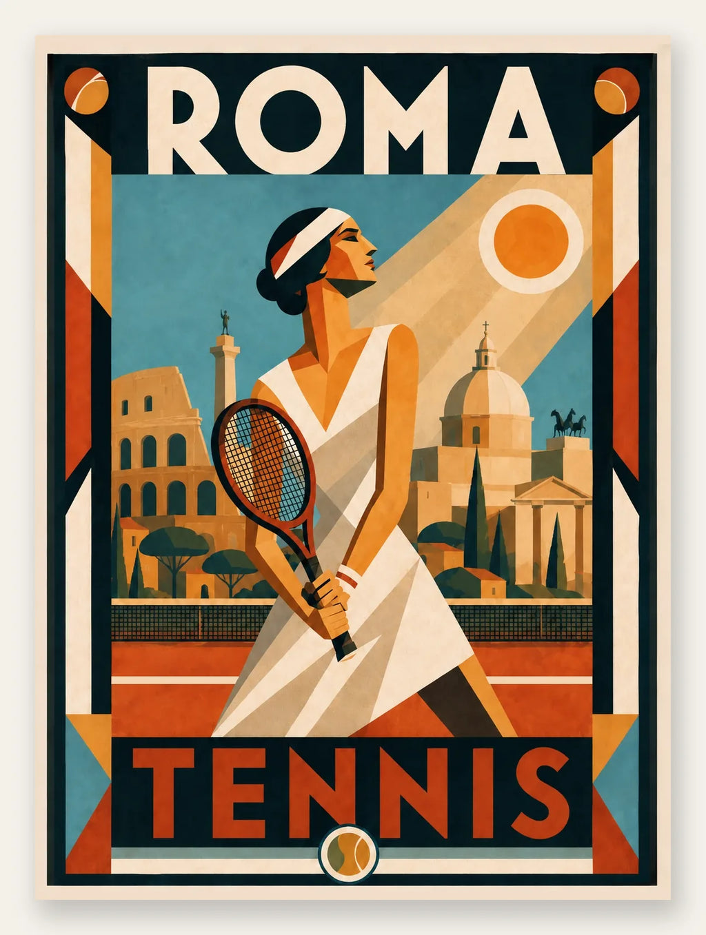 Affiche tennis Roma Art Deco, joueuse en robe blanche sur terre battue, Colisee et monuments de Rome en arriere-plan, palette terracotta bleu ciel creme