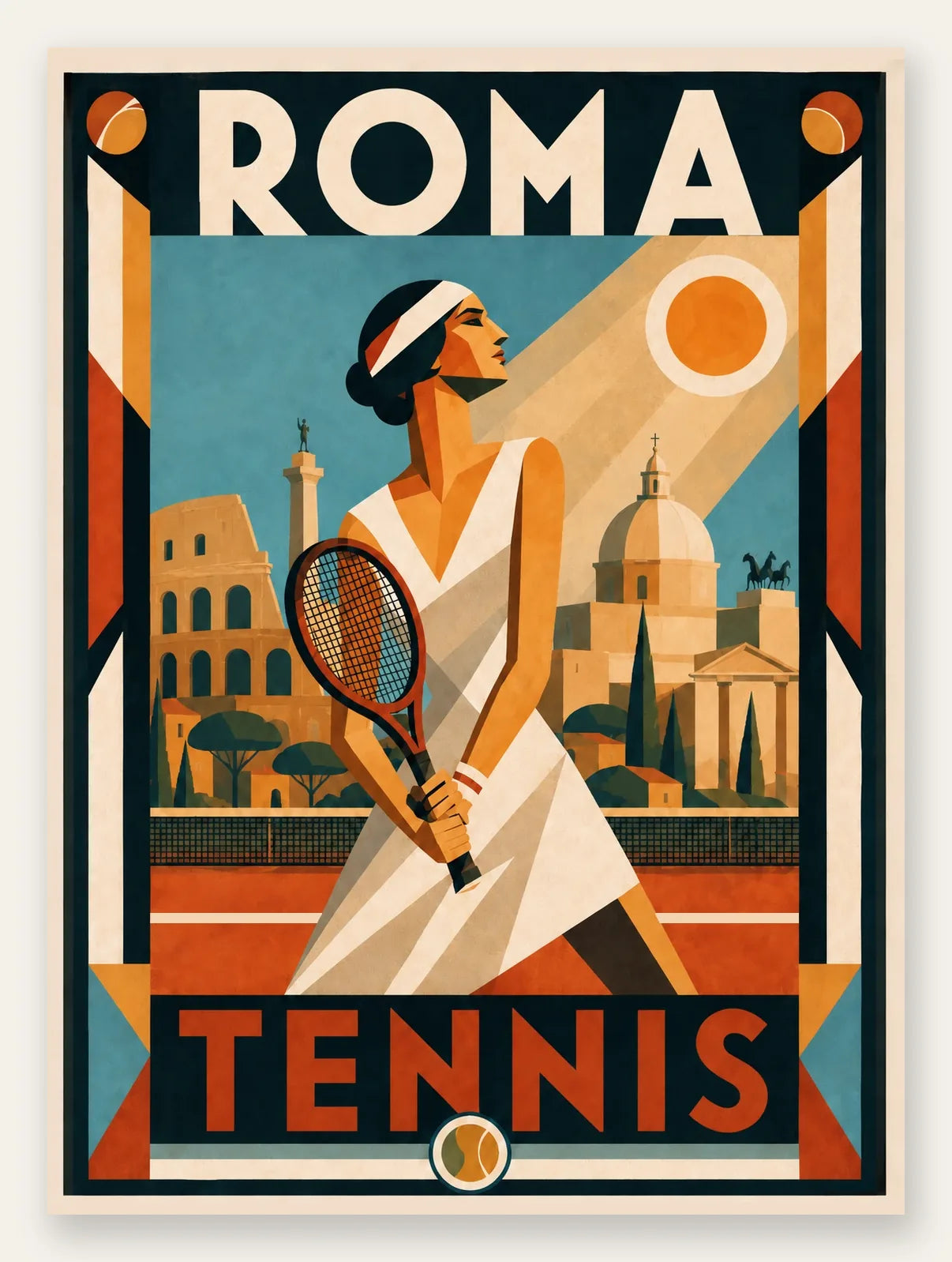 Affiche tennis Roma Art Deco, joueuse en robe blanche sur terre battue, Colisee et monuments de Rome en arriere-plan, palette terracotta bleu ciel creme