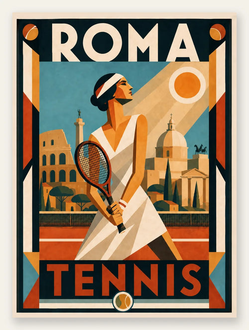 Affiche tennis Roma Art Deco, joueuse en robe blanche sur terre battue, Colisee et monuments de Rome en arriere-plan, palette terracotta bleu ciel creme