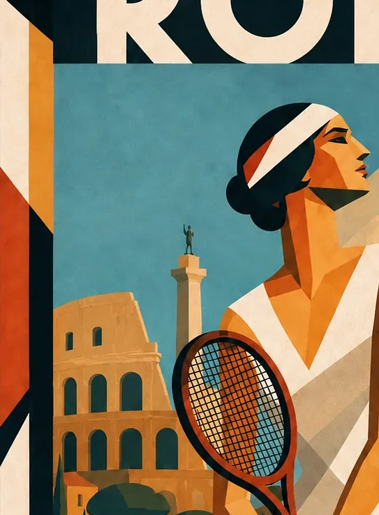 Gros plan sur la joueuse de tennis Roma, grain du papier fine art 275 g/m2 et detail de la raquette et du bandeau Art Deco