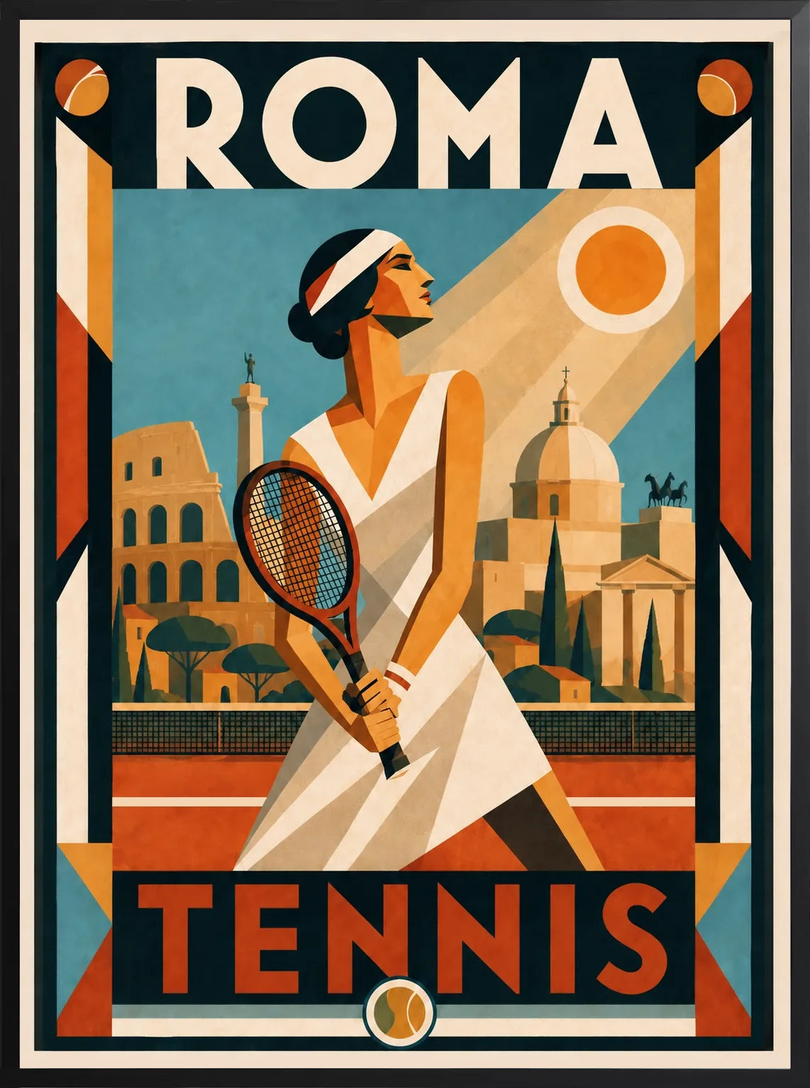 Tirage tennis Roma en cadre noir mat, joueuse en blanc sur court terracotta, monuments romains et faisceaux de lumiere diagonaux