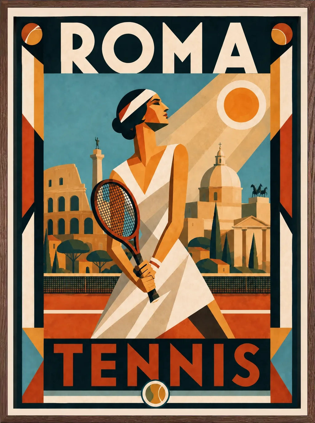 Framed oak, affiche tennis Roma encadree en chene clair, joueuse raquette en main devant le Colisee et dome baroque, bordure geometrique Art Deco