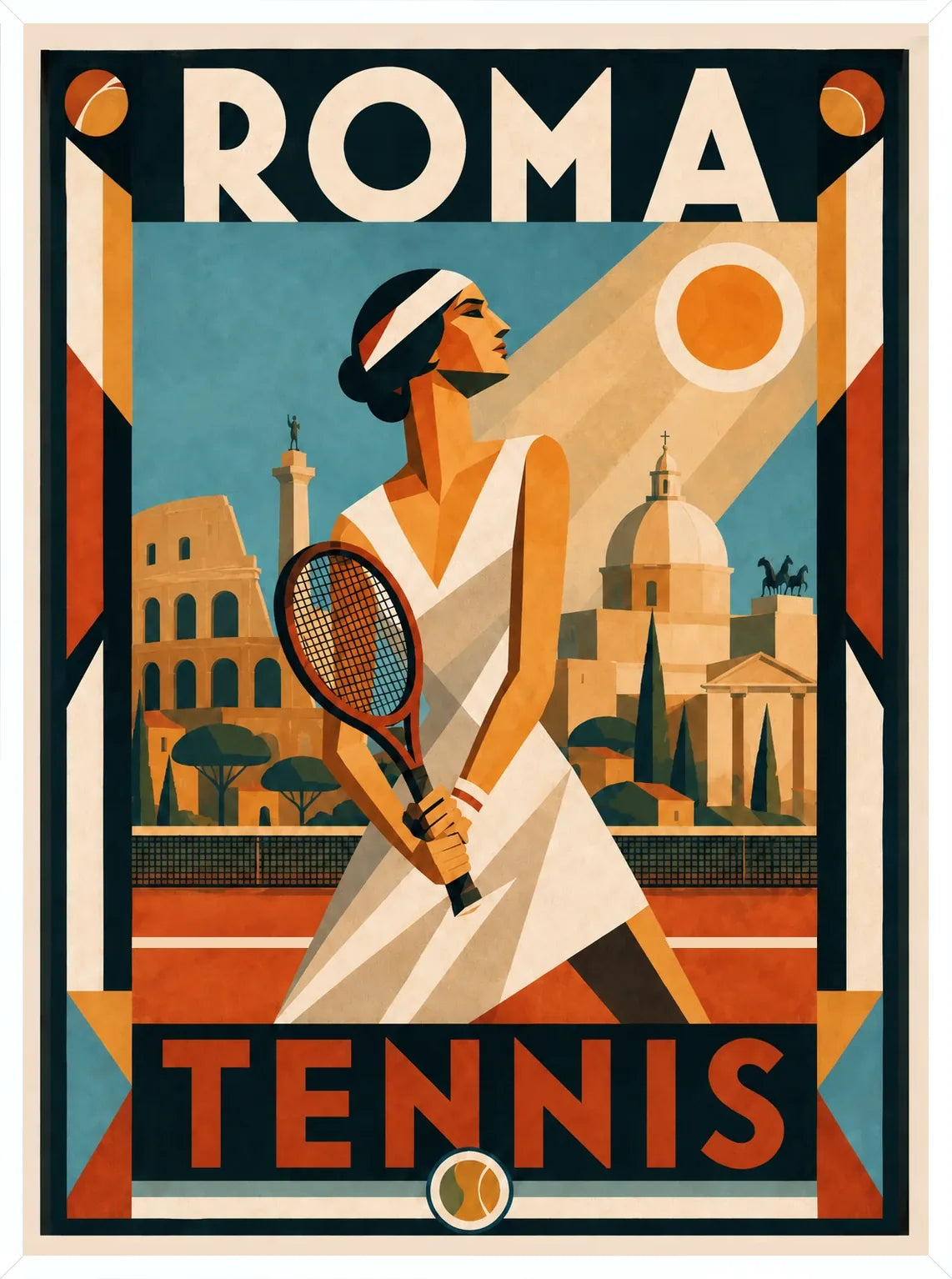 Framed white, affiche tennis Roma joueuse et Colisee en cadre blanc fin, geometrie Art Deco et palette terracotta bleu ciel