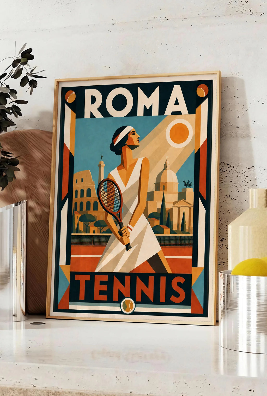 Affiche affiche tennis Roma Art Deco, posee sur un plan de travail de cuisine en pierre claire, entre une branche d'eucalyptus en vase et un bocal de citrons