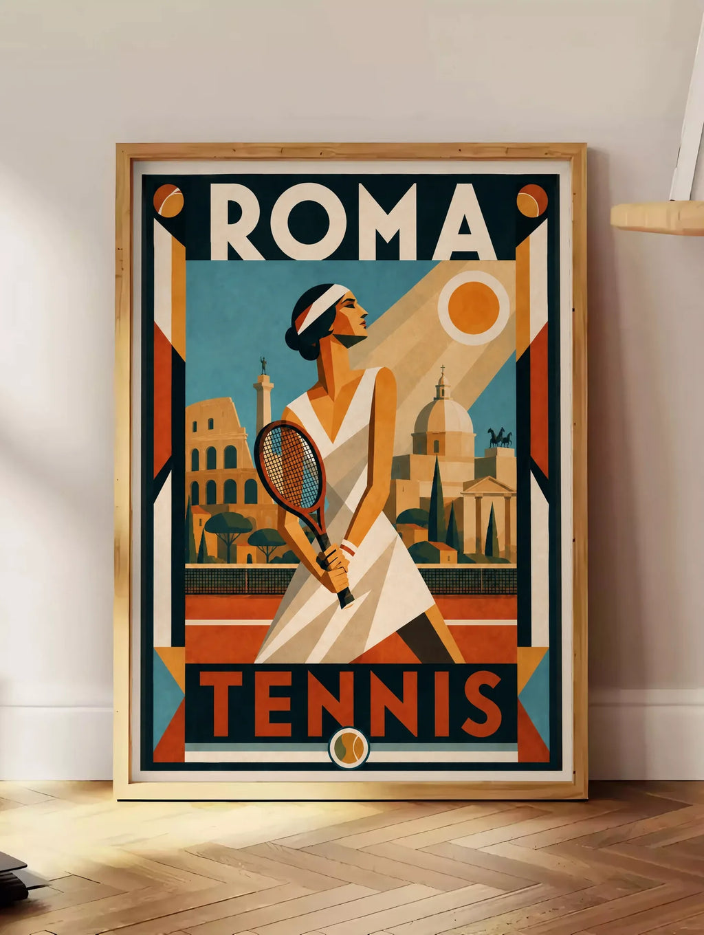 Estampe affiche tennis Roma Art Deco, posee au sol dans un coin salon, sur un parquet a chevrons, pres d'une table d'appoint en chene chargee de livres