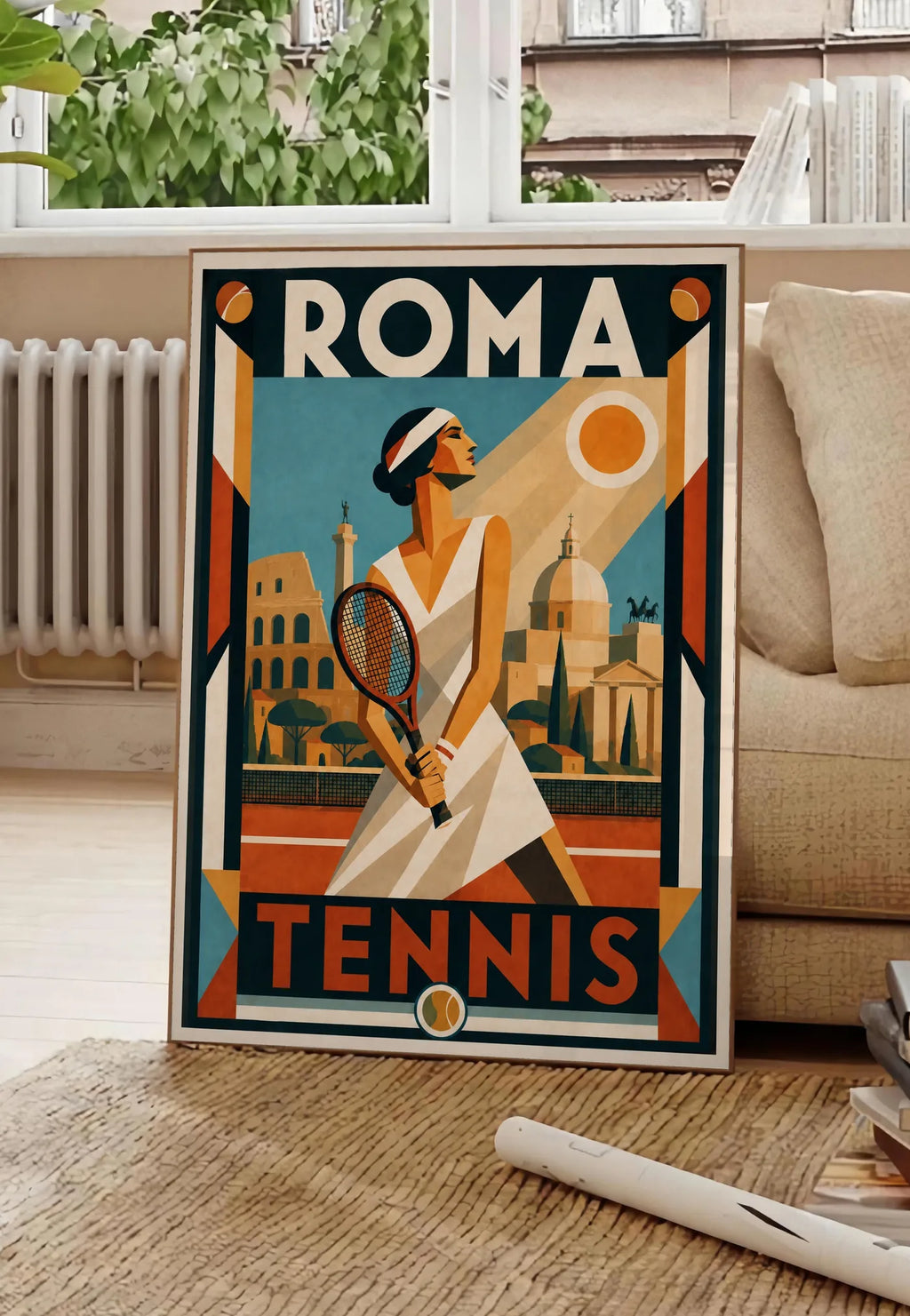 Poster affiche tennis Roma Art Deco, posee au sol dans un salon parisien, devant une grande fenetre donnant sur un immeuble haussmannien, entre un ficus et un canape creme