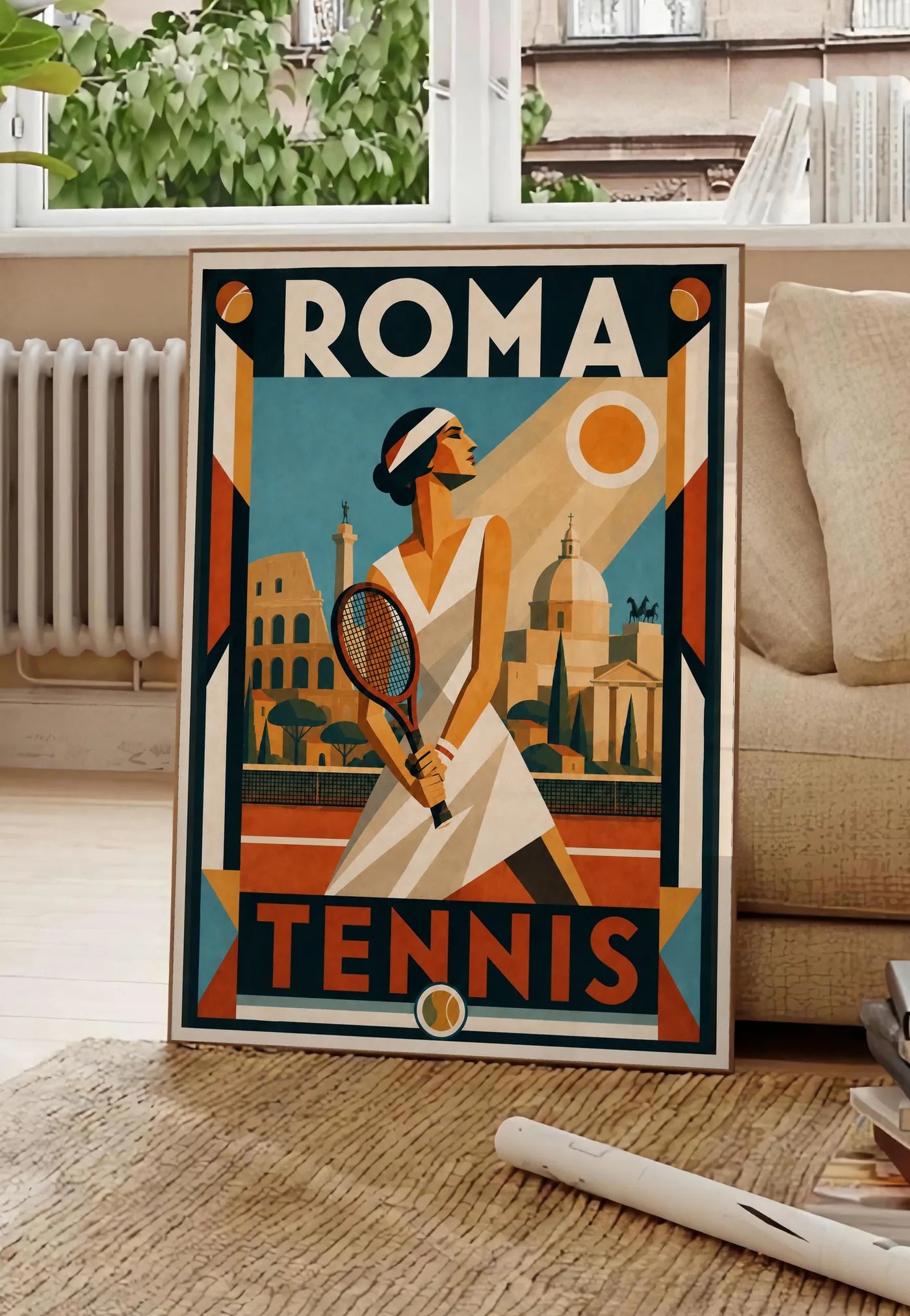 Poster affiche tennis Roma Art Deco, posee au sol dans un salon parisien, devant une grande fenetre donnant sur un immeuble haussmannien, entre un ficus et un canape creme