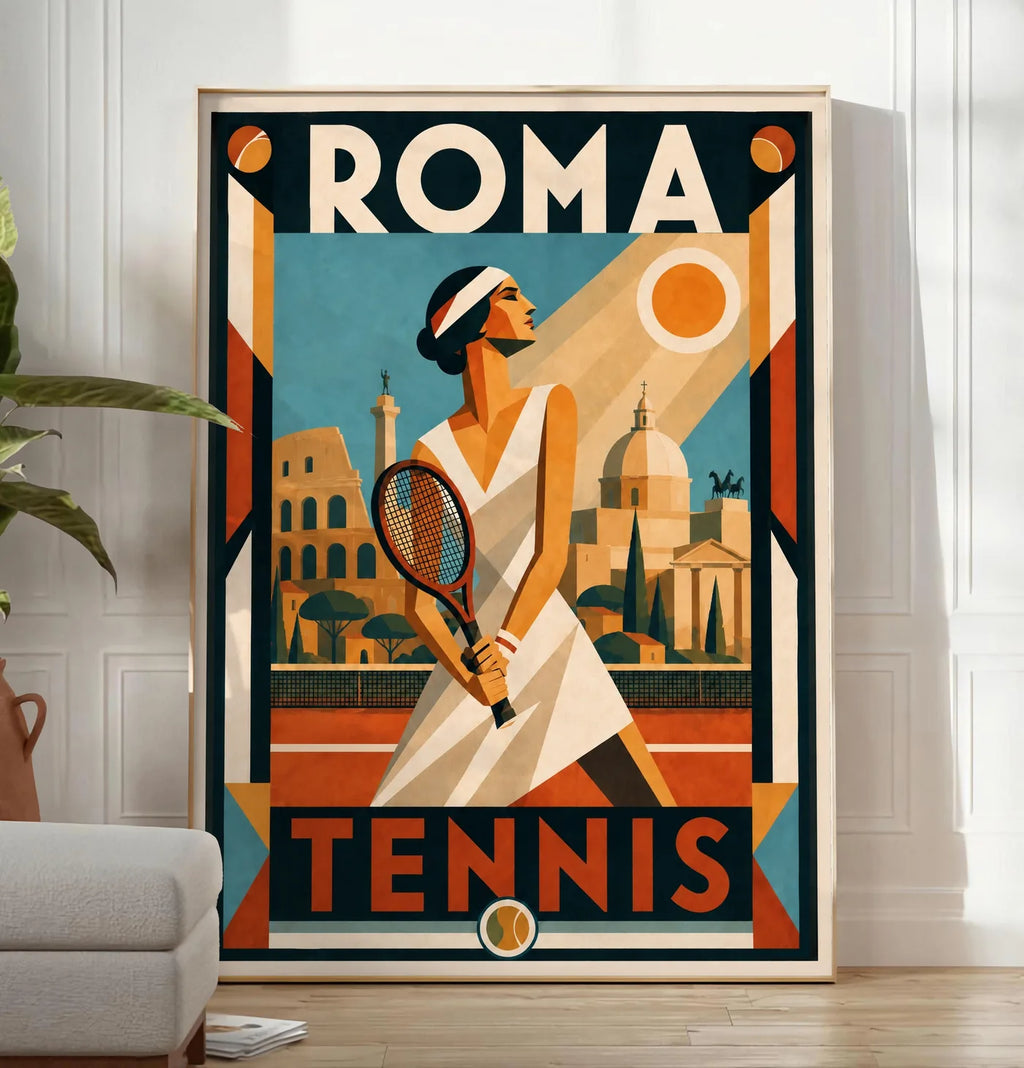 Reproduction affiche tennis Roma Art Deco, posee au sol dans un salon minimaliste clair, a cote d'un canape beige et d'une plante verte, sur un parquet clair
