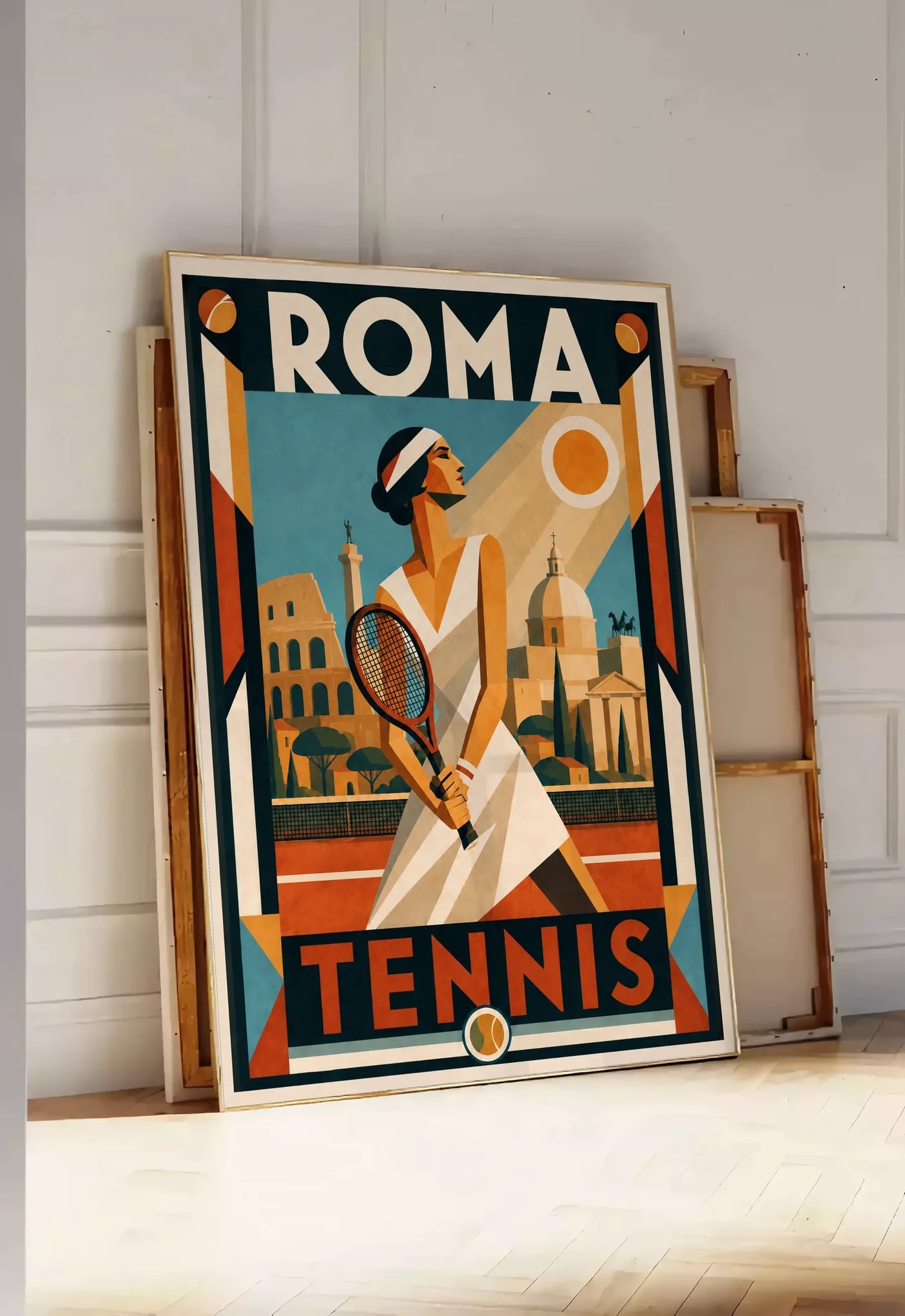 Tirage encadrable affiche tennis Roma Art Deco, posee au sol dans une entree lumineuse, contre un mur a panneaux blancs, a cote de chassis en bois empiles