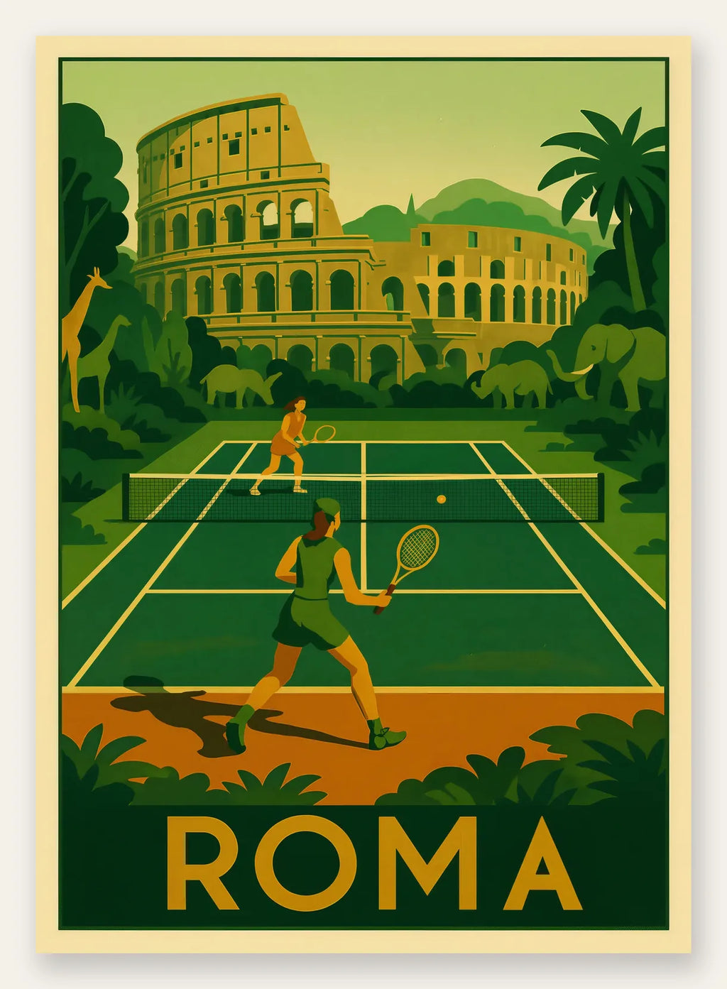 Deux joueurs de tennis, Colisee et jungle avec animaux, Roma