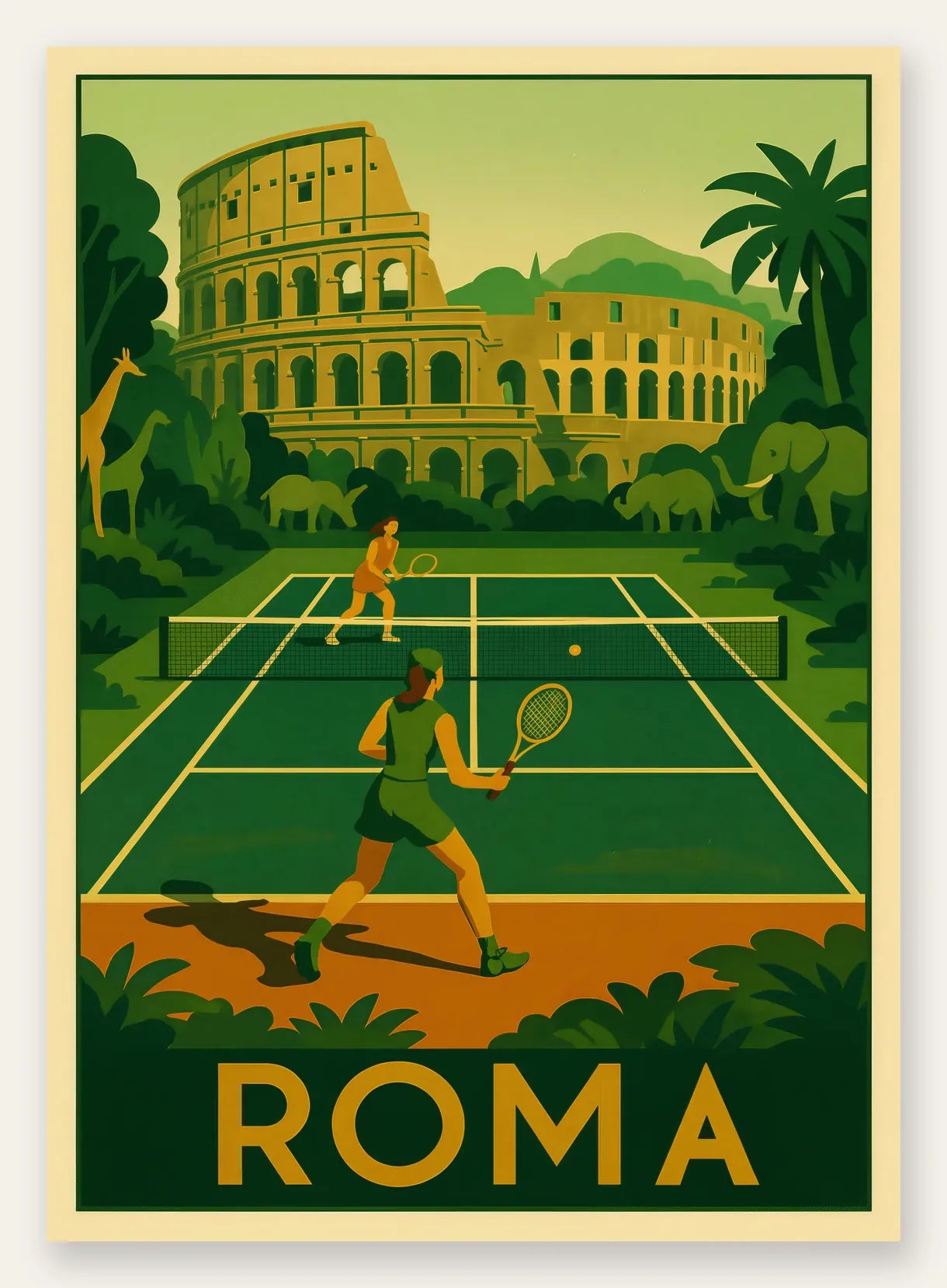 Deux joueurs de tennis, Colisee et jungle avec animaux, Roma