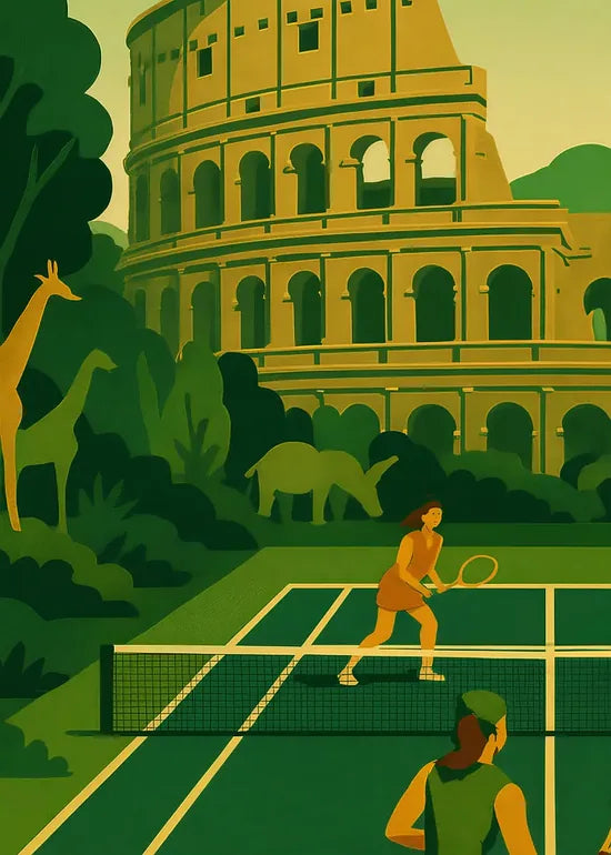 Gros plan sur deux joueurs de tennis, Colisee et jungle avec animaux, Roma
