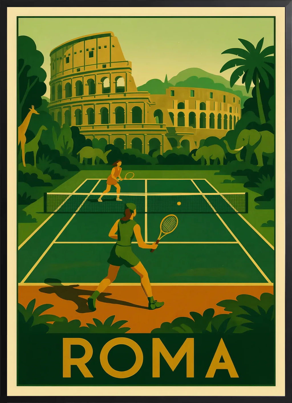 Encadrement noir mat autour de deux joueurs de tennis, Colisee et jungle avec animaux, Roma