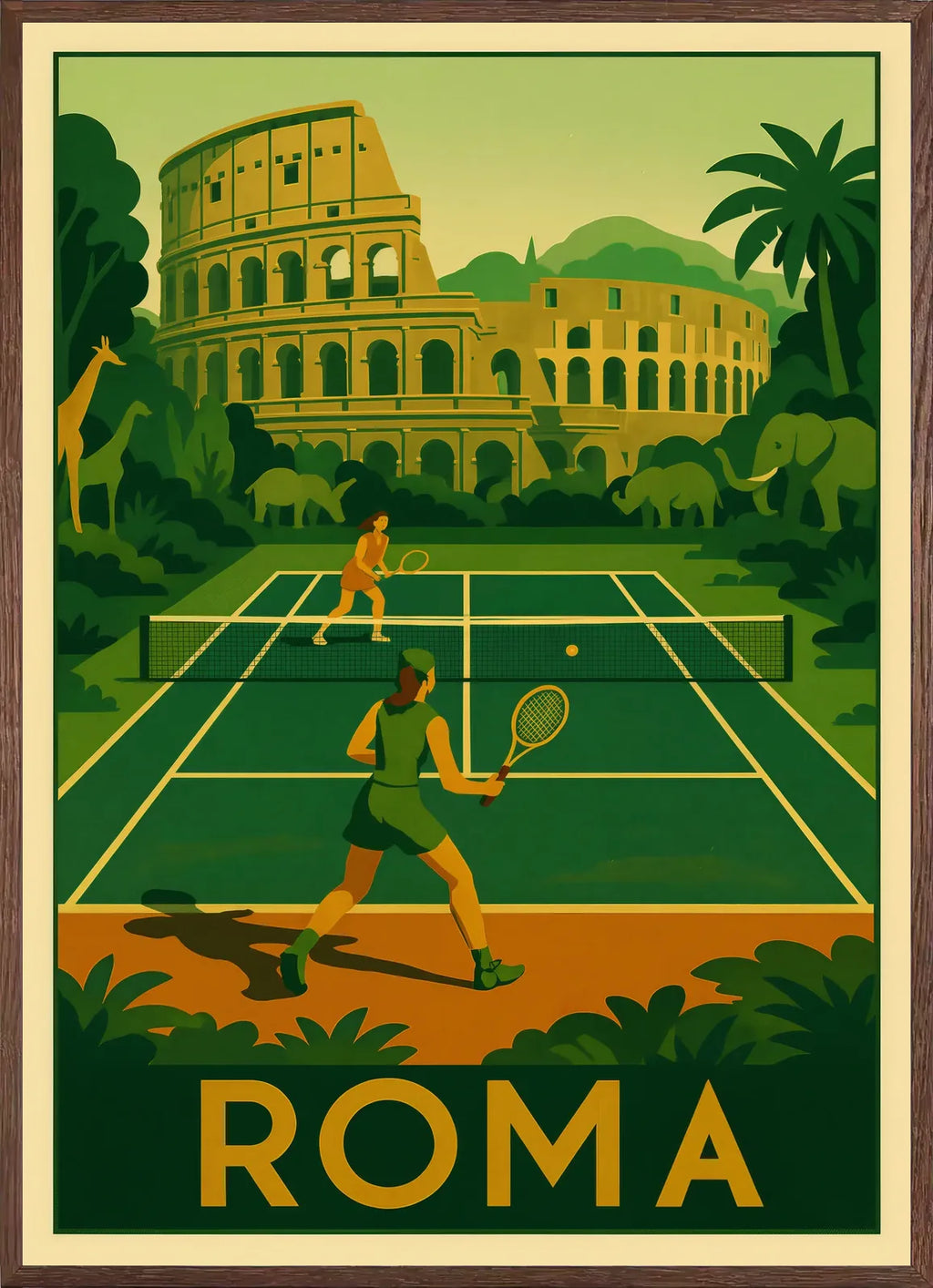 Cadre chene clair entourant deux joueurs de tennis, Colisee et jungle avec animaux, Roma