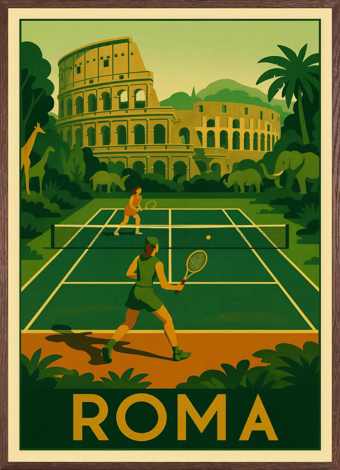 Cadre chene clair entourant deux joueurs de tennis, Colisee et jungle avec animaux, Roma