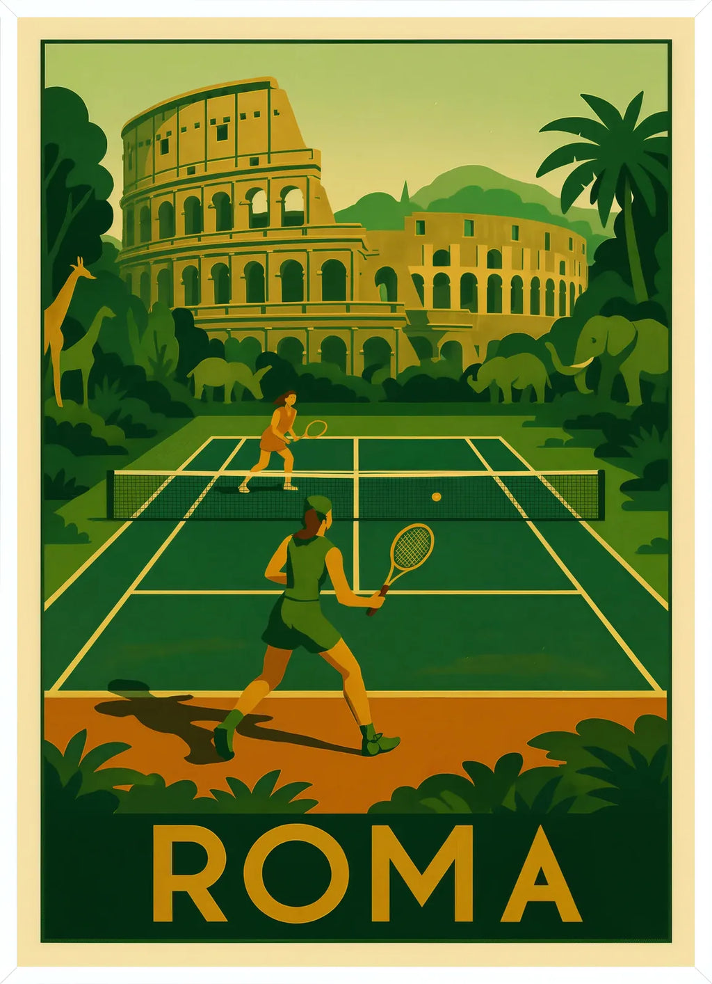 Cadre blanc epure presentant deux joueurs de tennis, Colisee et jungle avec animaux, Roma