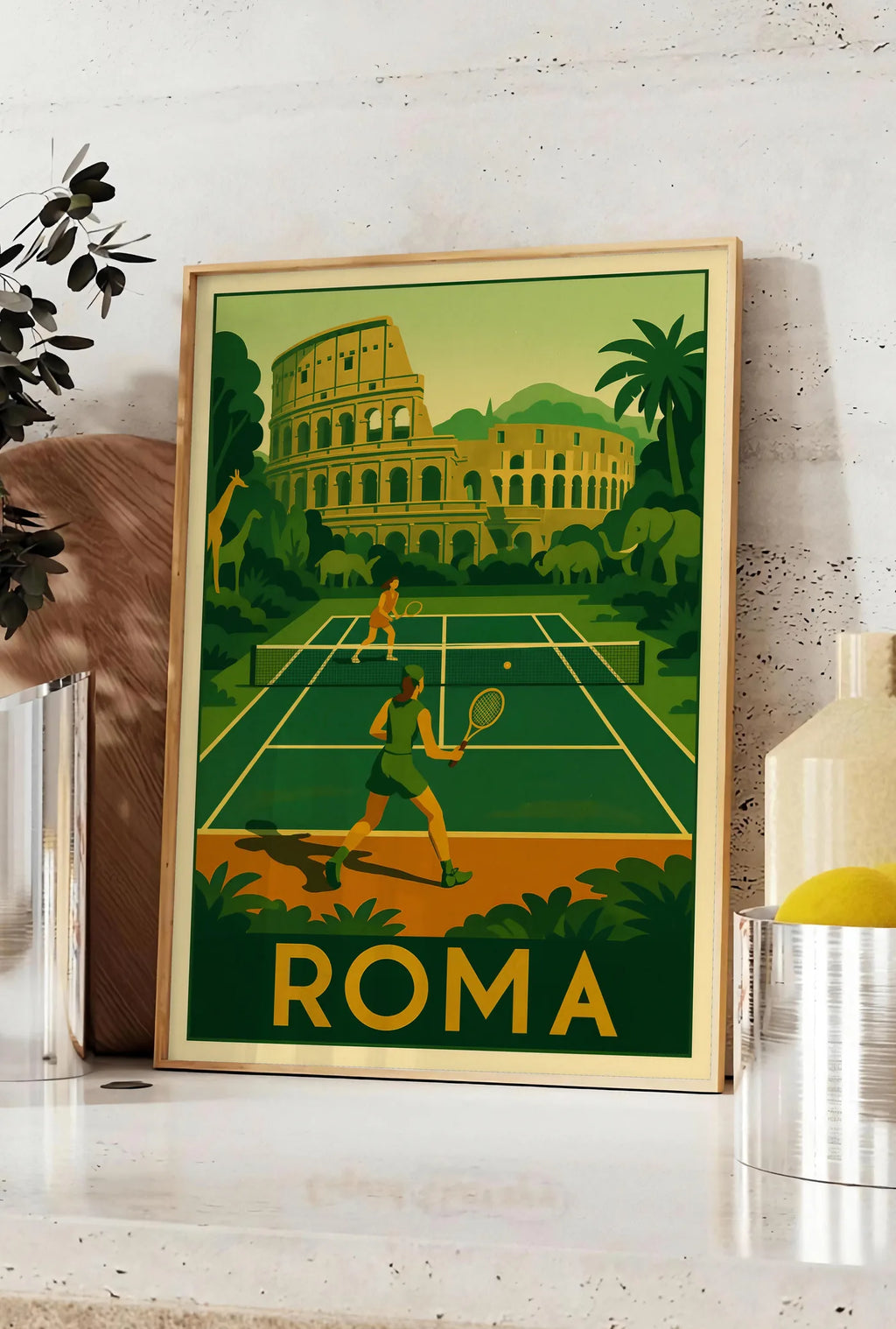 Affiche deux joueurs de tennis, posee sur un plan de travail de cuisine en pierre claire, entre une branche d'eucalyptus en vase et un bocal de citrons
