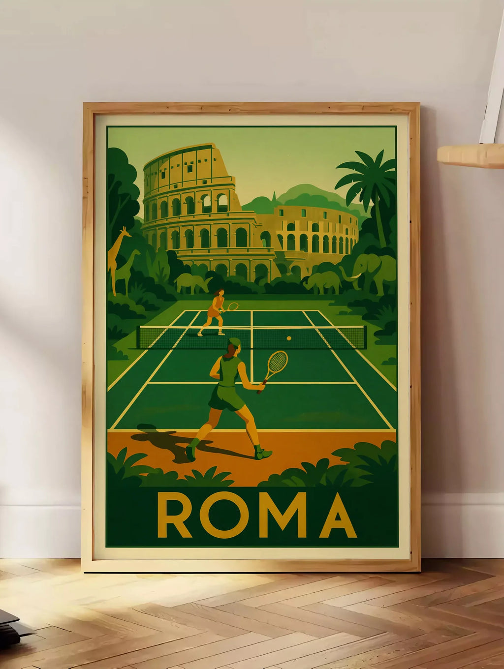 Estampe deux joueurs de tennis, posee au sol dans un coin salon, sur un parquet a chevrons, pres d'une table d'appoint en chene chargee de livres