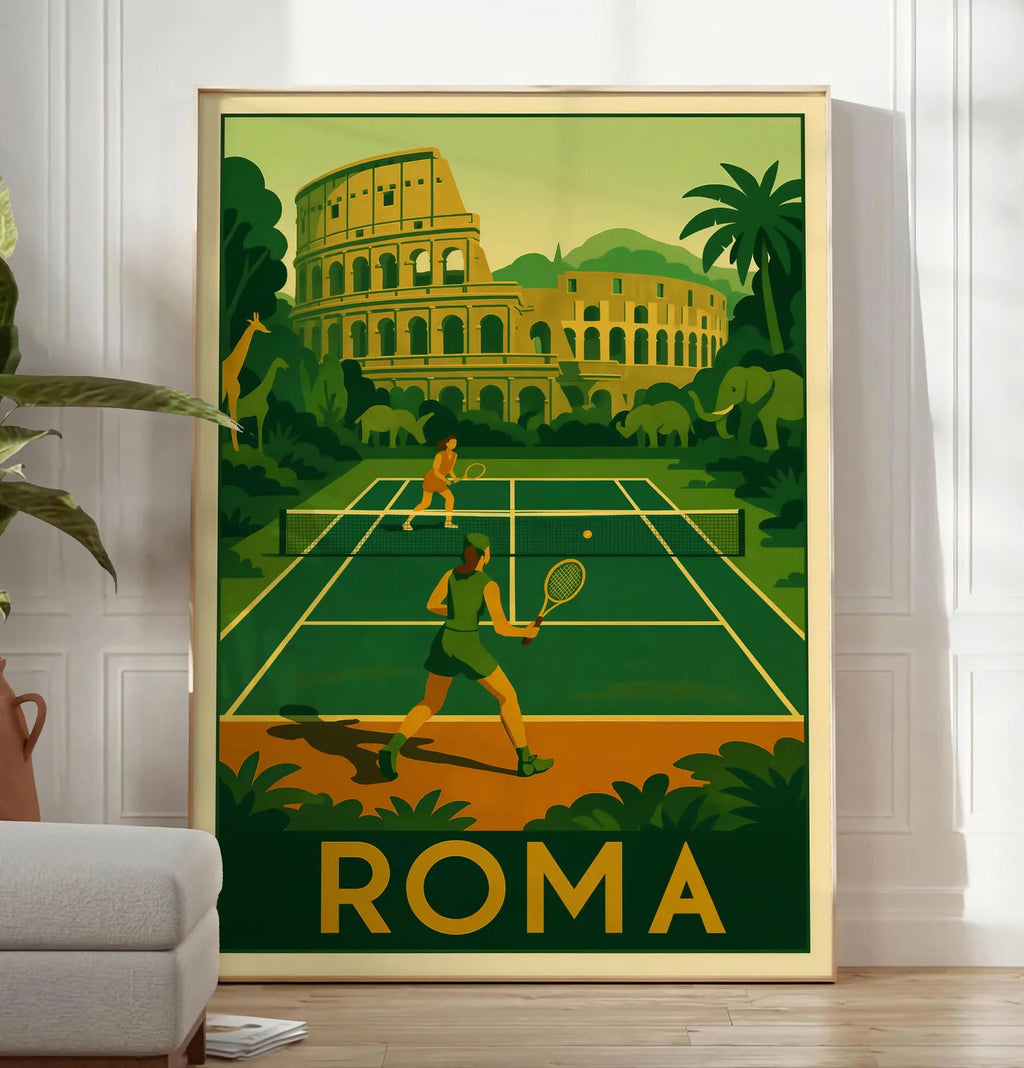 Reproduction deux joueurs de tennis, posee au sol dans un salon minimaliste clair, a cote d'un canape beige et d'une plante verte, sur un parquet clair