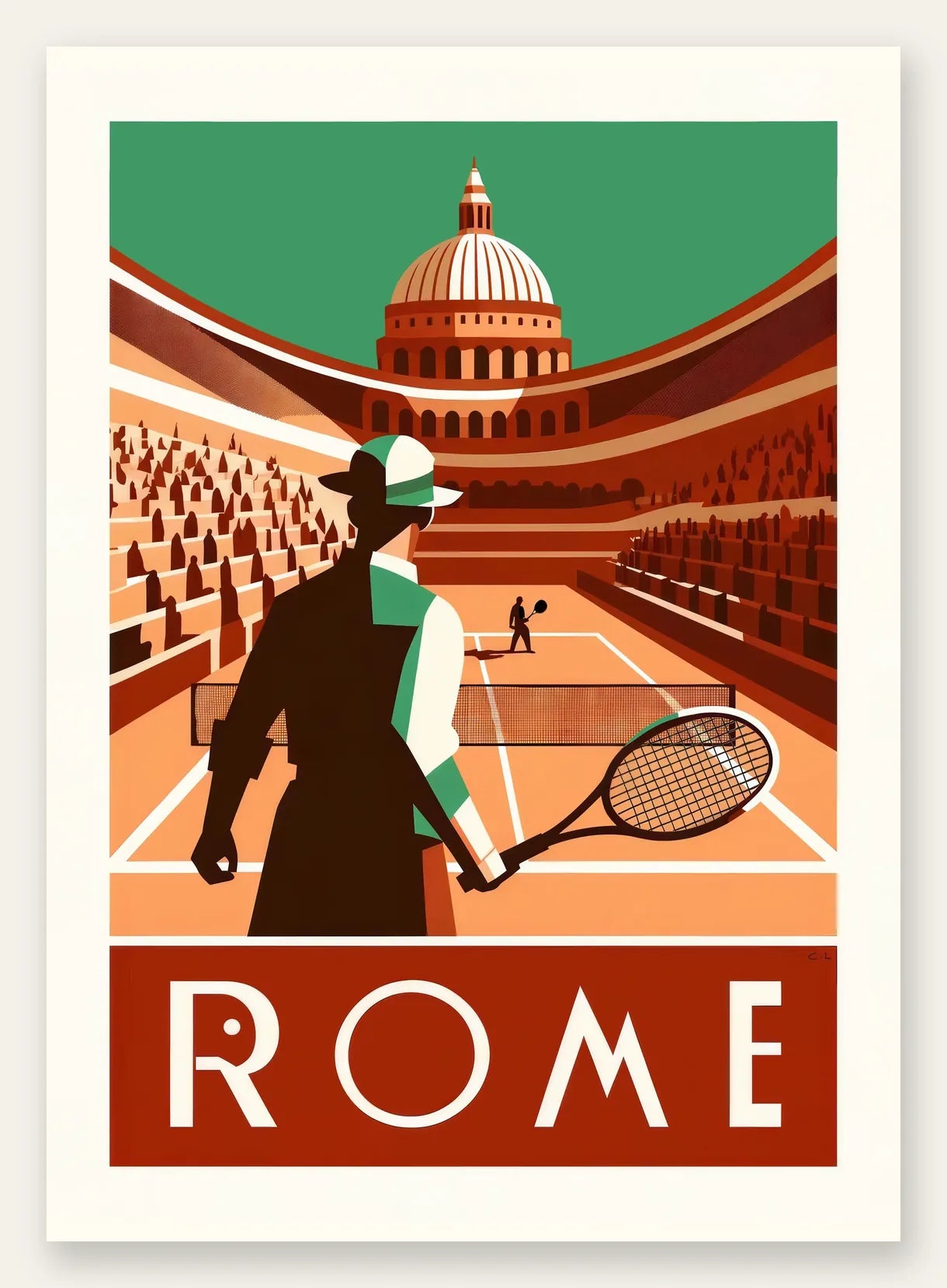 Joueur de tennis de dos et grande coupole, terre battue Rome