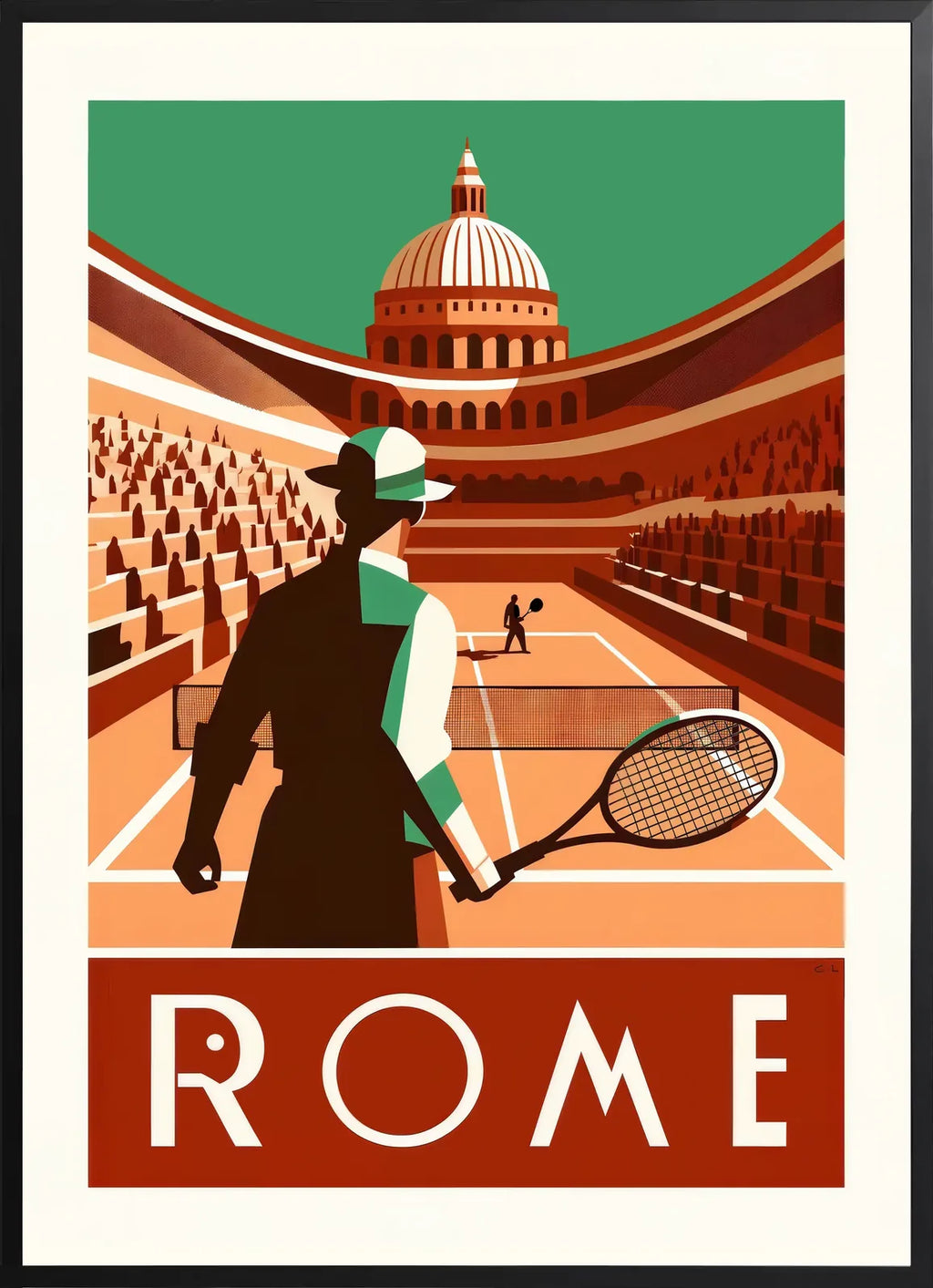 Encadrement noir mat autour de joueur de tennis de dos et grande coupole, terre battue Rome