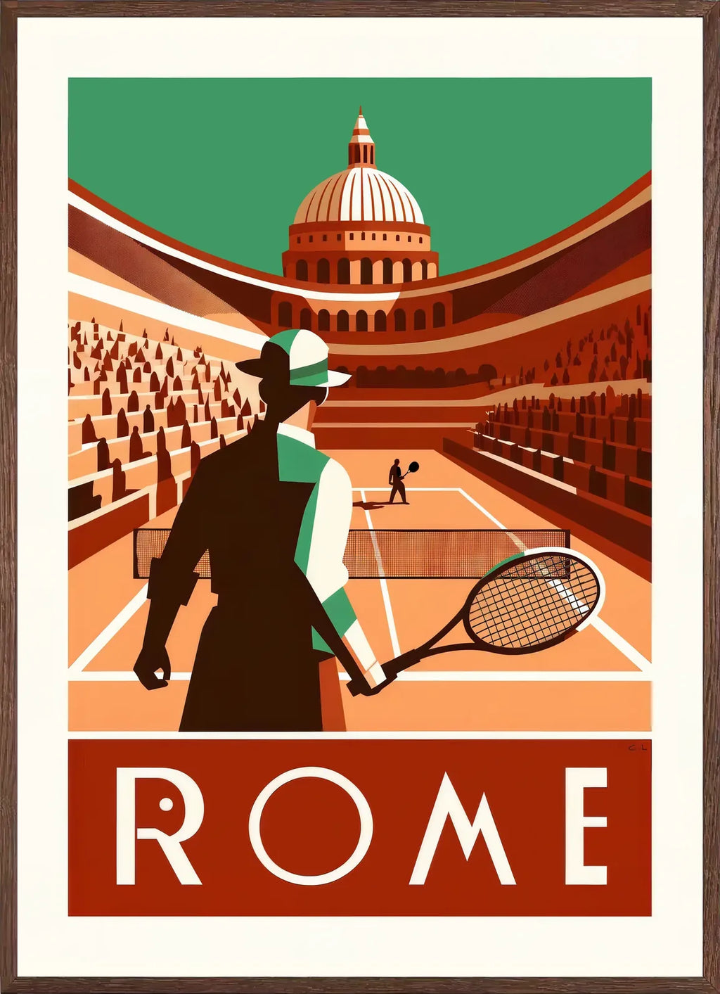 Cadre chene clair entourant joueur de tennis de dos et grande coupole, terre battue Rome