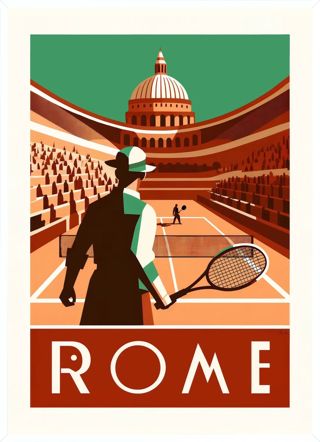Cadre blanc epure presentant joueur de tennis de dos et grande coupole, terre battue Rome