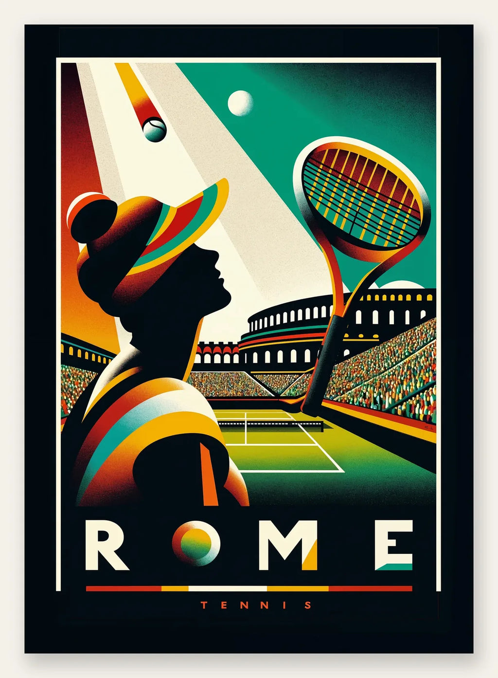 Joueuse de tennis de profil et raquette, Colisee de nuit Rome