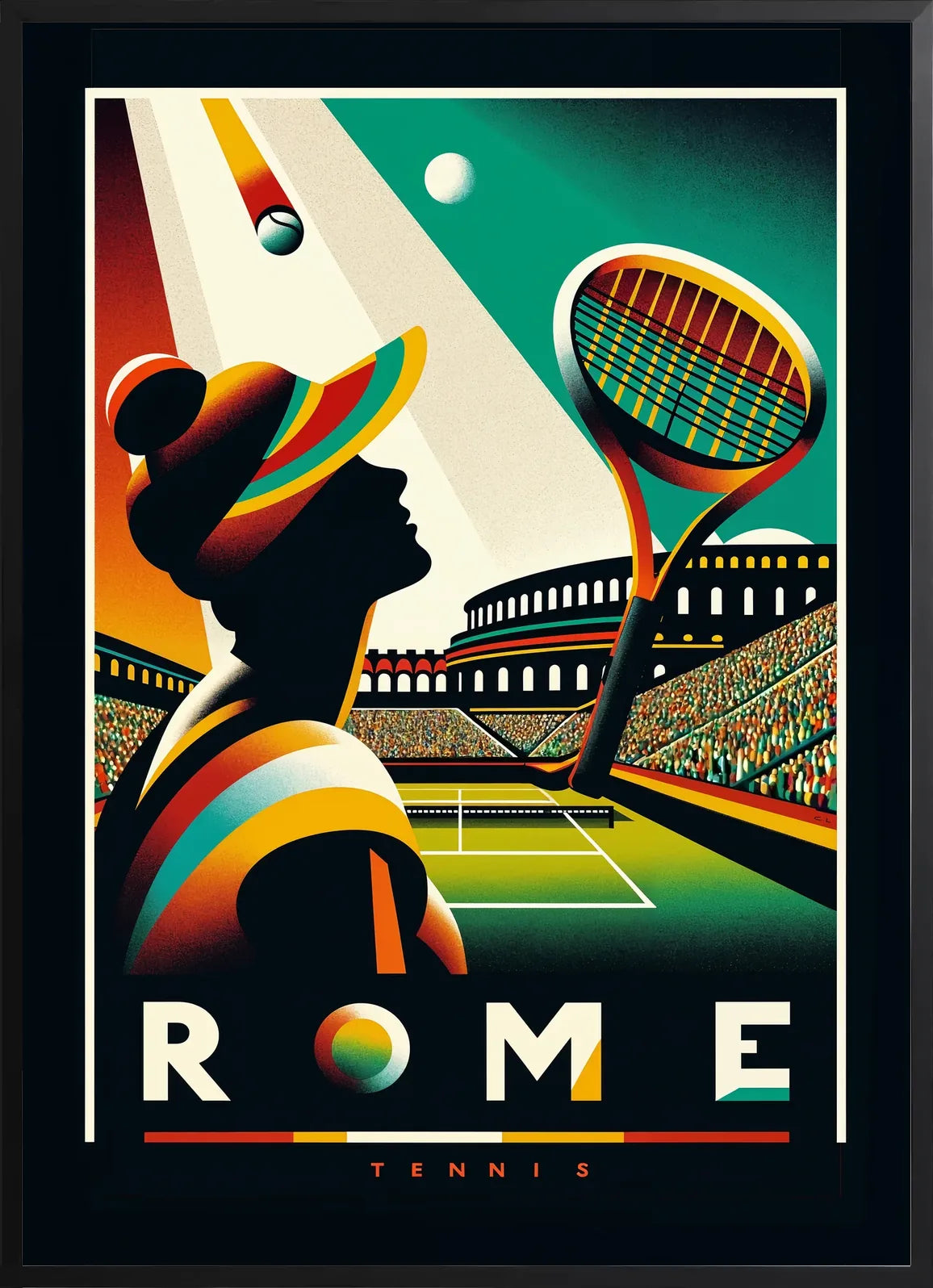Encadrement noir mat autour de joueuse de tennis de profil et raquette, Colisee de nuit Rome