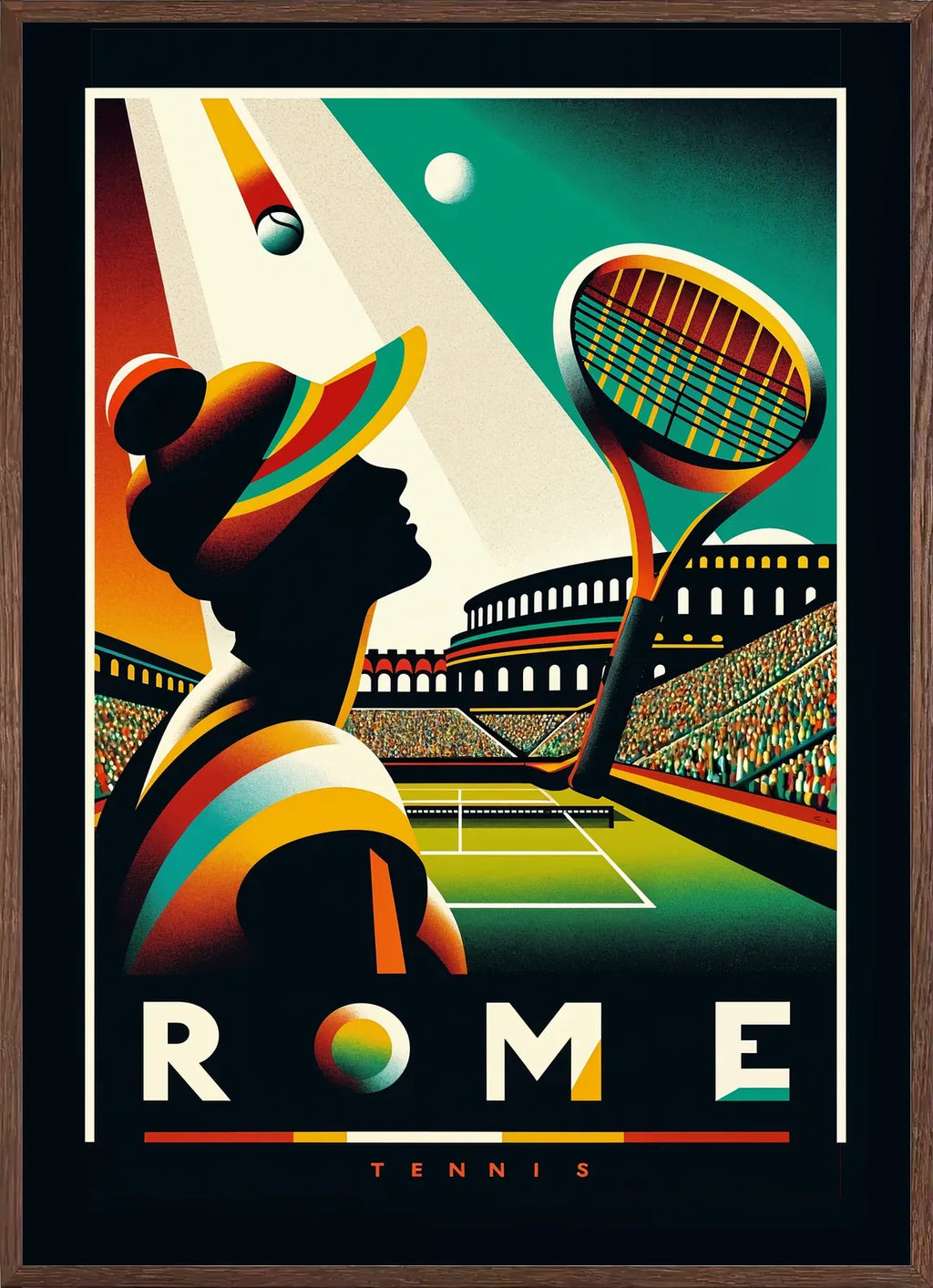 Cadre chene clair entourant joueuse de tennis de profil et raquette, Colisee de nuit Rome