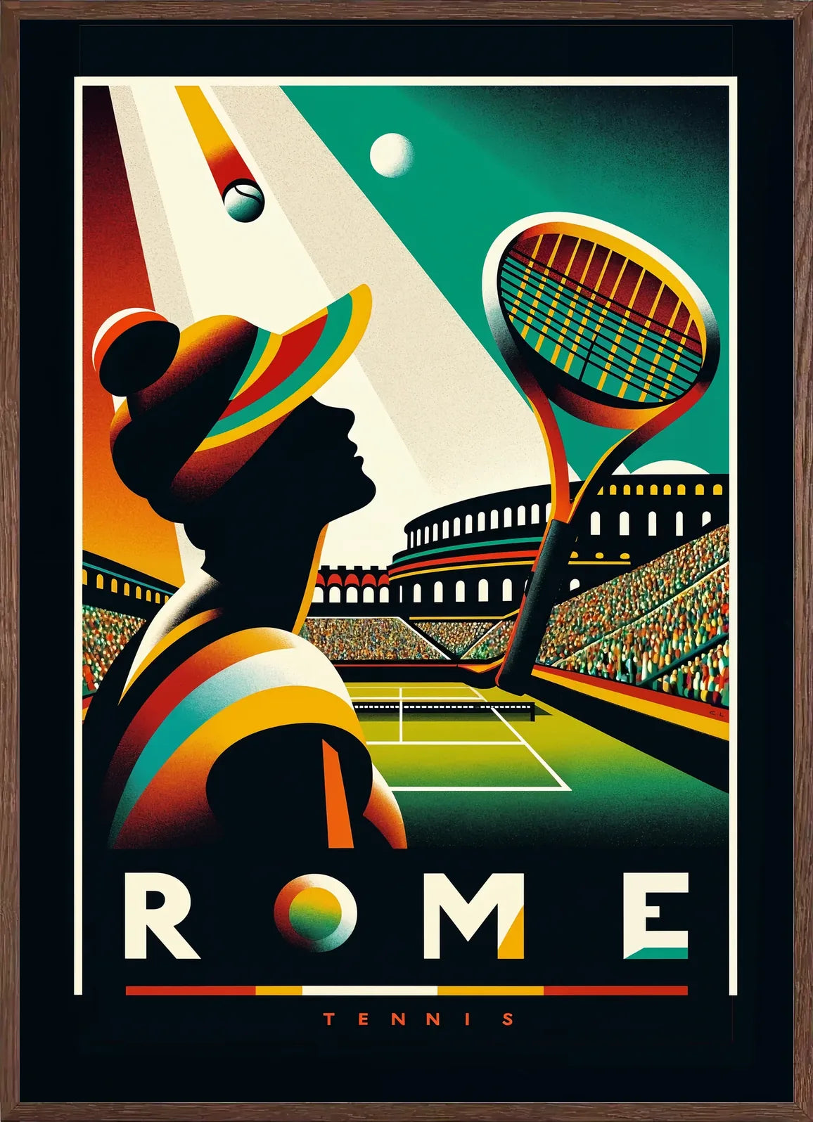 Cadre chene clair entourant joueuse de tennis de profil et raquette, Colisee de nuit Rome