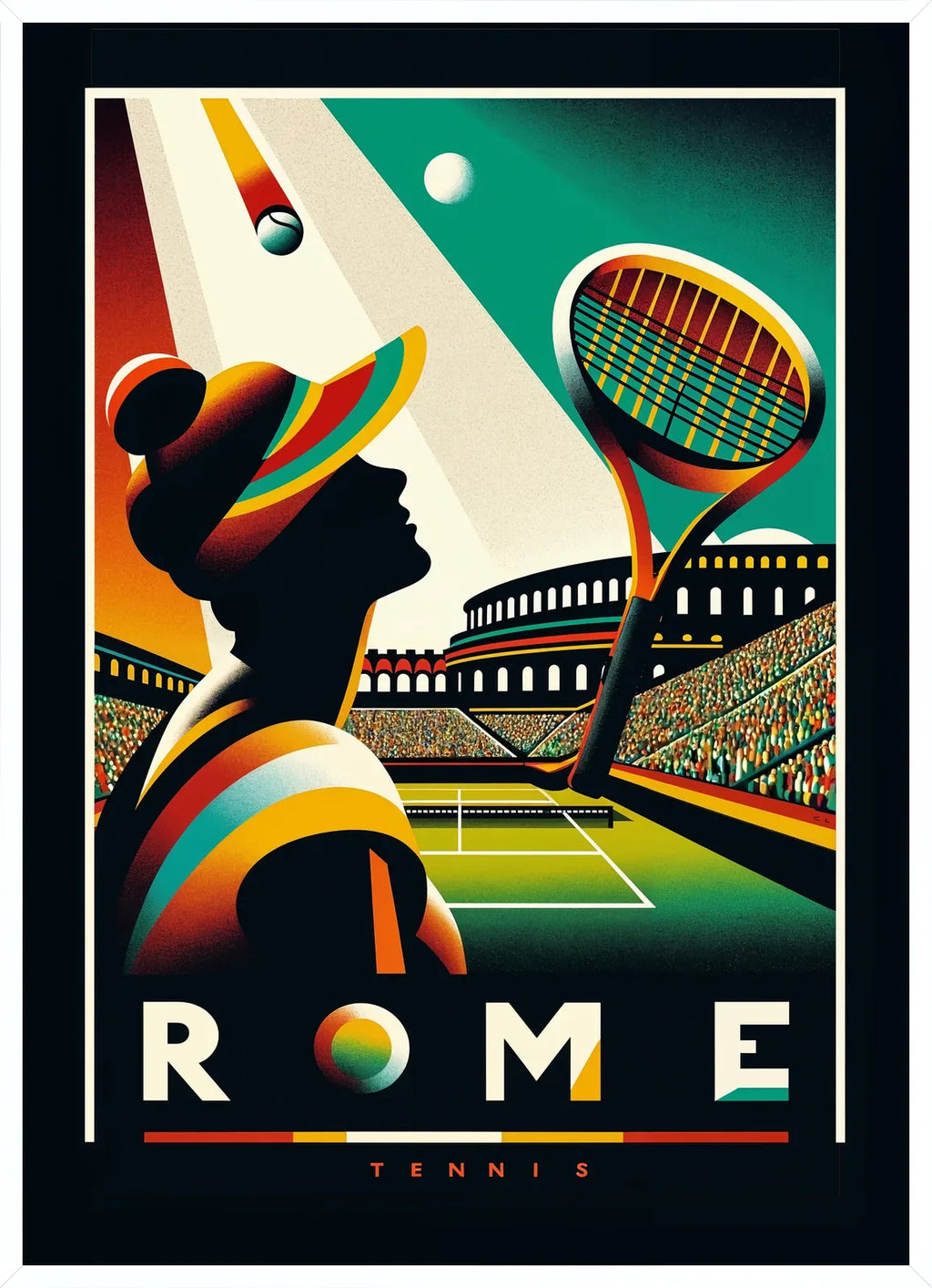 Cadre blanc epure presentant joueuse de tennis de profil et raquette, Colisee de nuit Rome