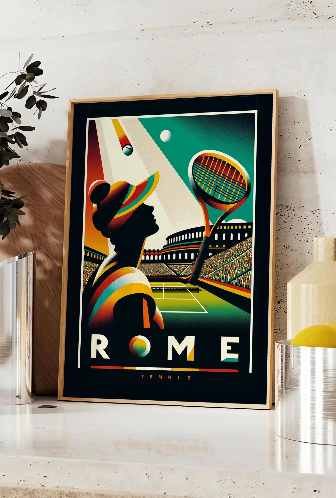 Affiche joueuse de tennis de profil et raquette, posee sur un plan de travail de cuisine en pierre claire, entre une branche d'eucalyptus en vase et un bocal de citrons