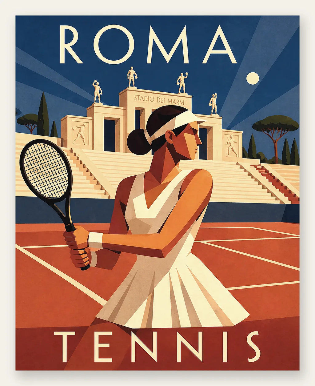 Affiche tennis Rome nuit Art Deco, joueuse de profil et statues Stadio dei Marmi