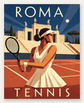 Affiche tennis Rome nuit Art Deco, joueuse de profil et statues Stadio dei Marmi