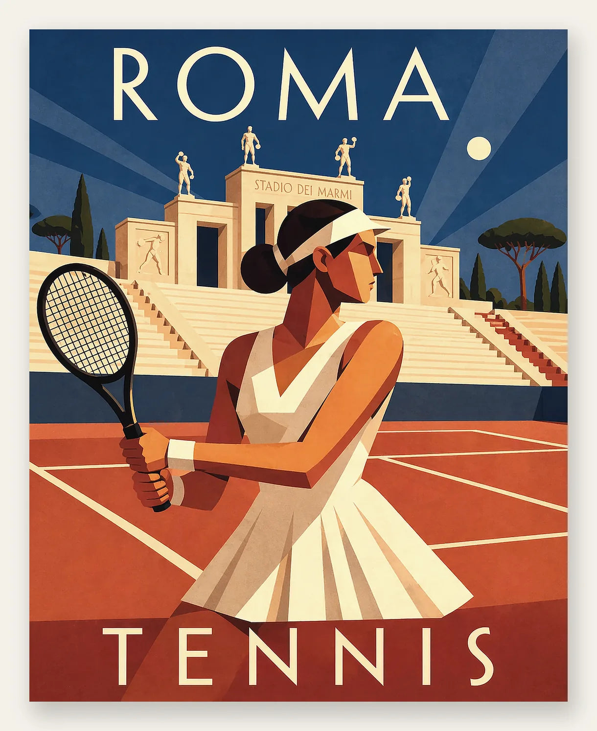 Affiche tennis Rome nuit Art Deco, joueuse de profil et statues Stadio dei Marmi