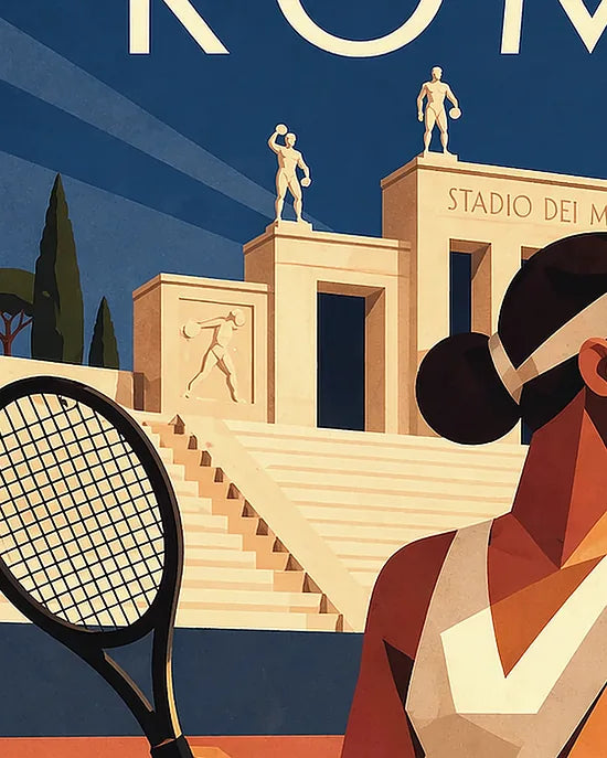 Gros plan sur la joueuse de tennis de profil et les statues de marbre nocturnes