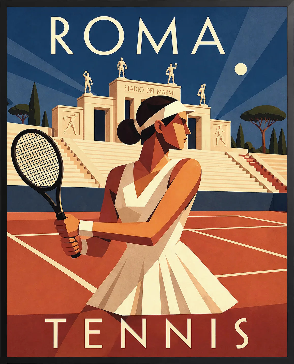 Encadrement noir mat autour de l'affiche tennis Rome nuit statues