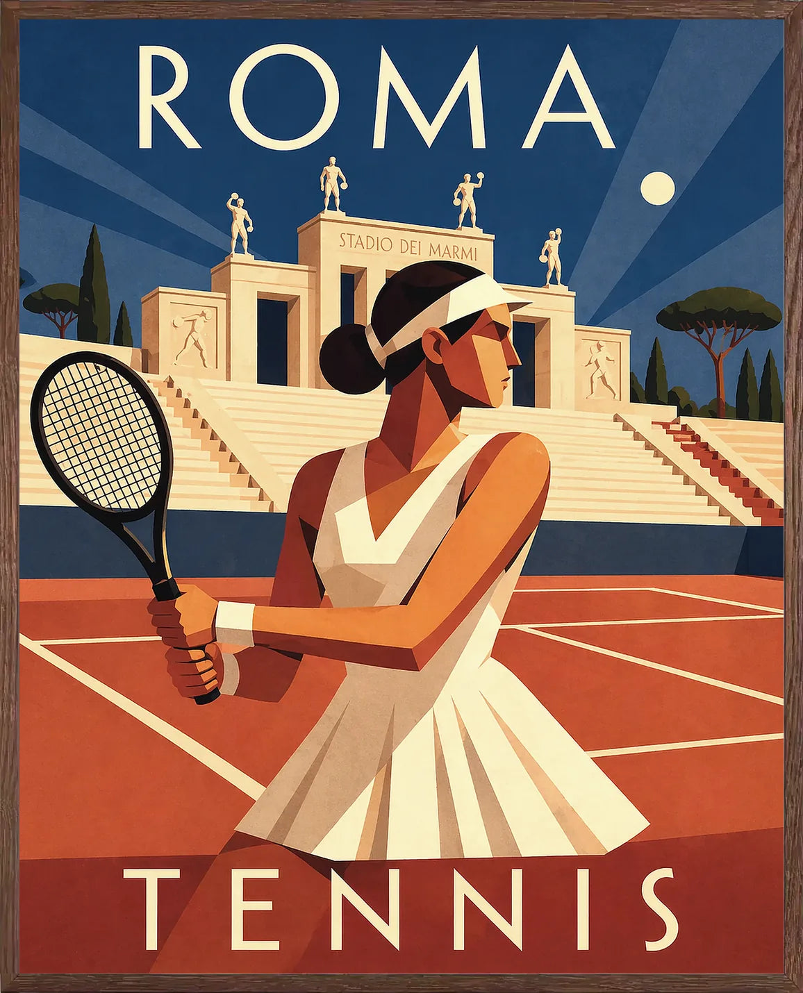 Cadre chene clair entourant l'affiche tennis Rome nuit joueuse Art Deco