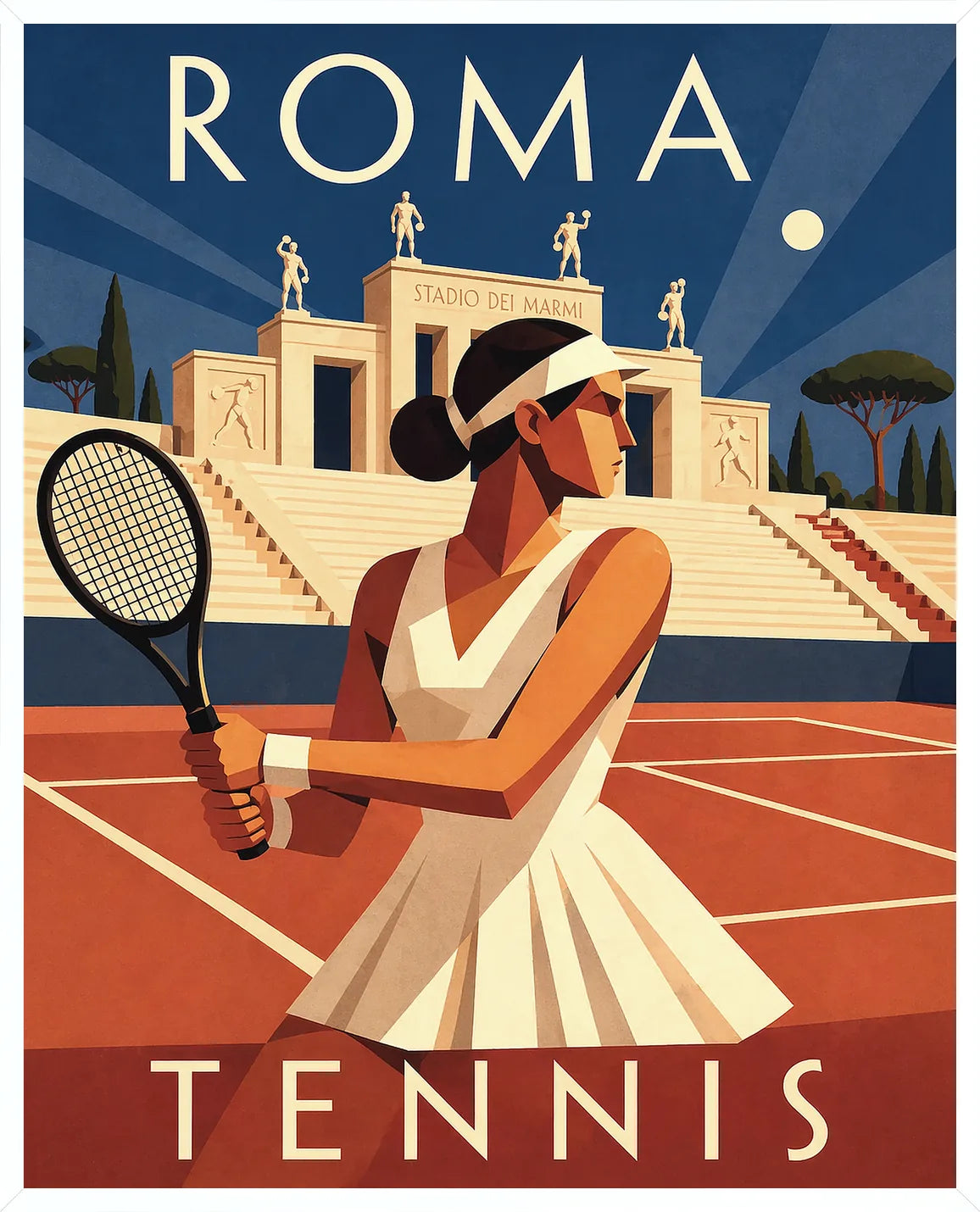 Cadre blanc epure presentant l'affiche tennis Rome nuit joueuse