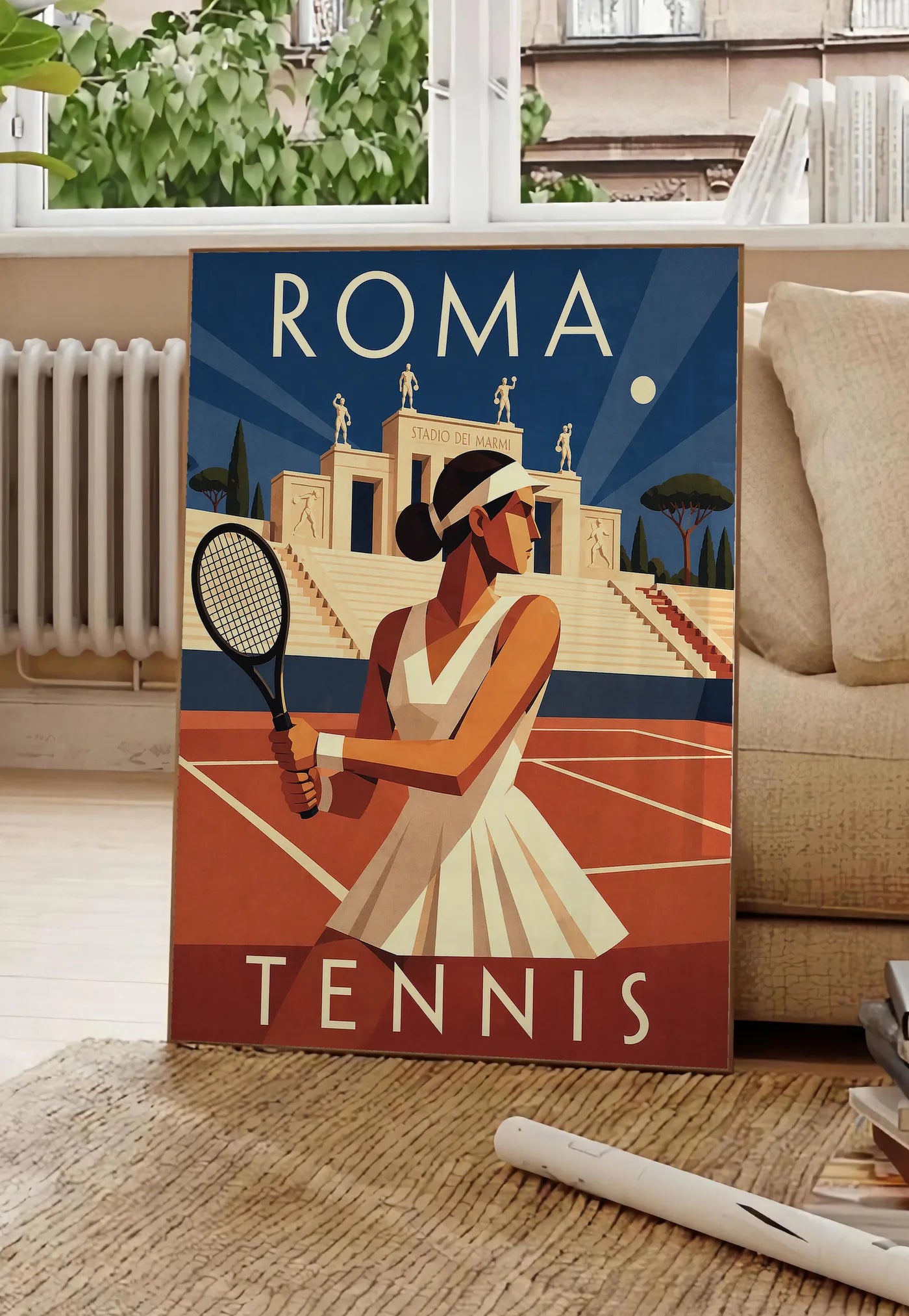 Poster affiche tennis Rome nuit Art Deco, posee au sol dans un salon parisien, devant une grande fenetre donnant sur un immeuble haussmannien, entre un ficus et un canape creme