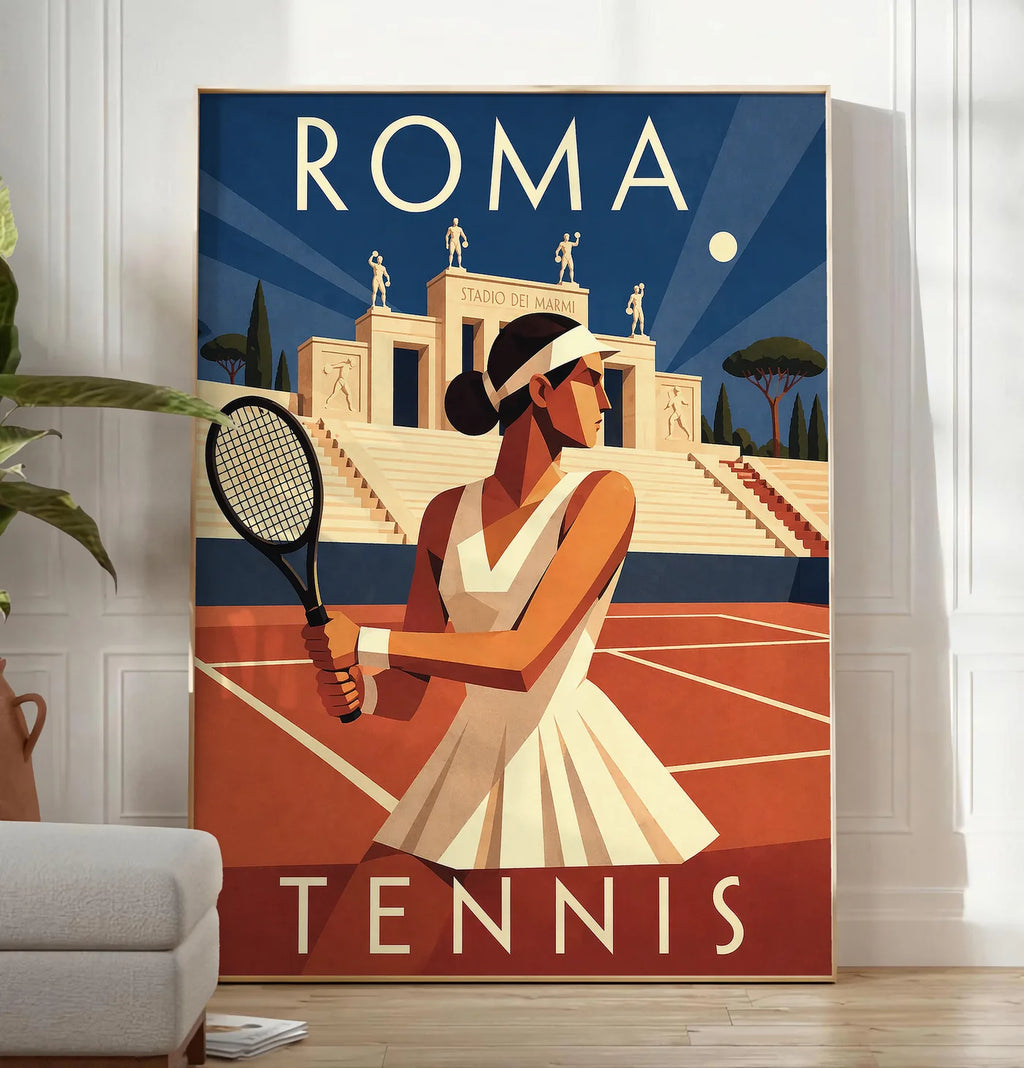 Reproduction affiche tennis Rome nuit Art Deco, posee au sol dans un salon minimaliste clair, a cote d'un canape beige et d'une plante verte, sur un parquet clair